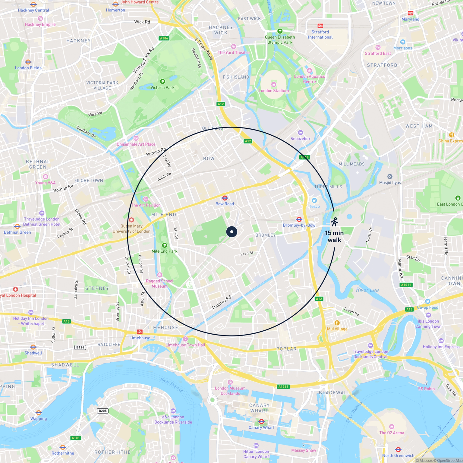 Map showing the location of 38 Bow Triangle Business Centre, Eleanor Street, London, E3 4NP and the surrounding 15 minute walk area.