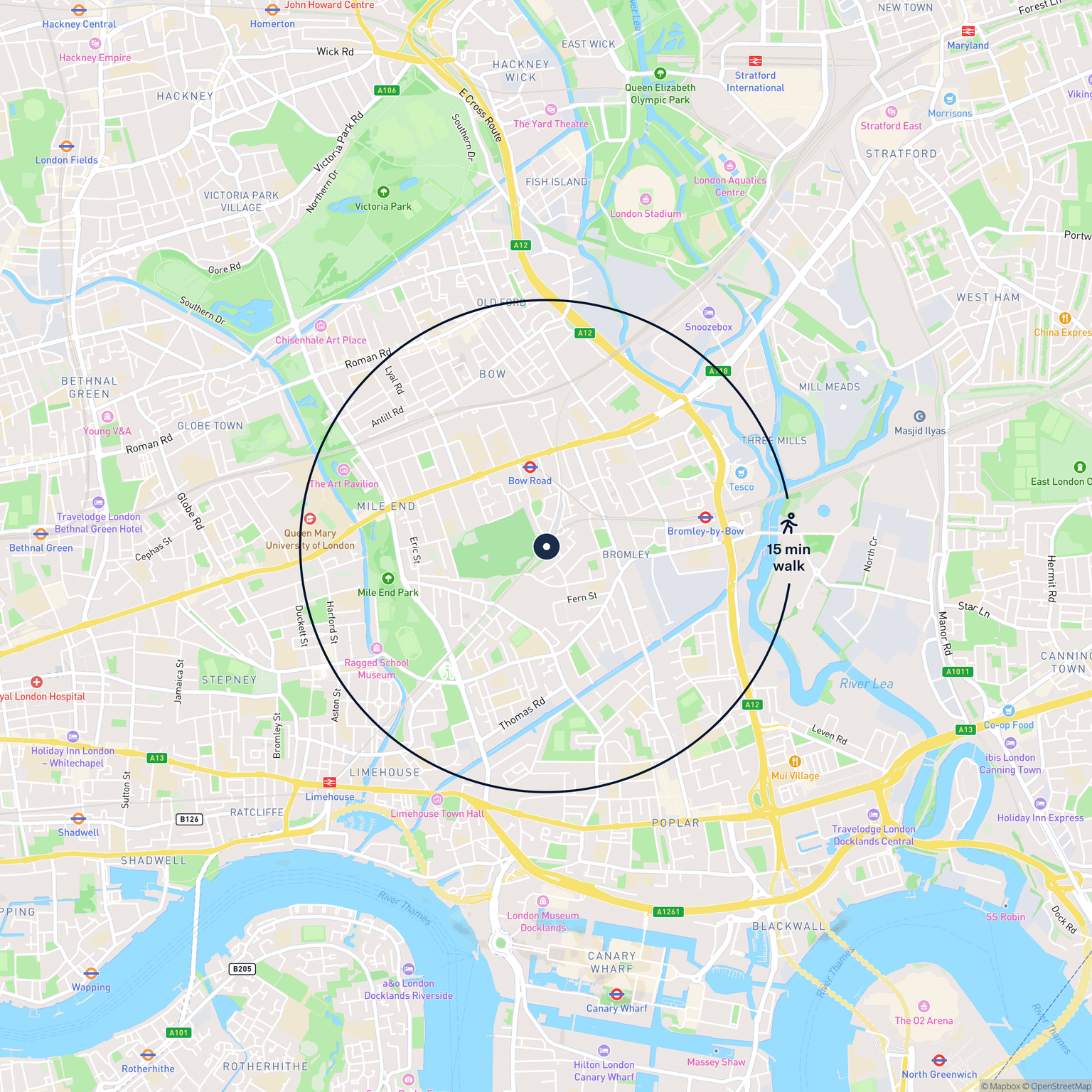 Map showing the location of 38 Bow Triangle Business Centre, Eleanor Street, London, E3 4NP and the surrounding 15 minute walk area.