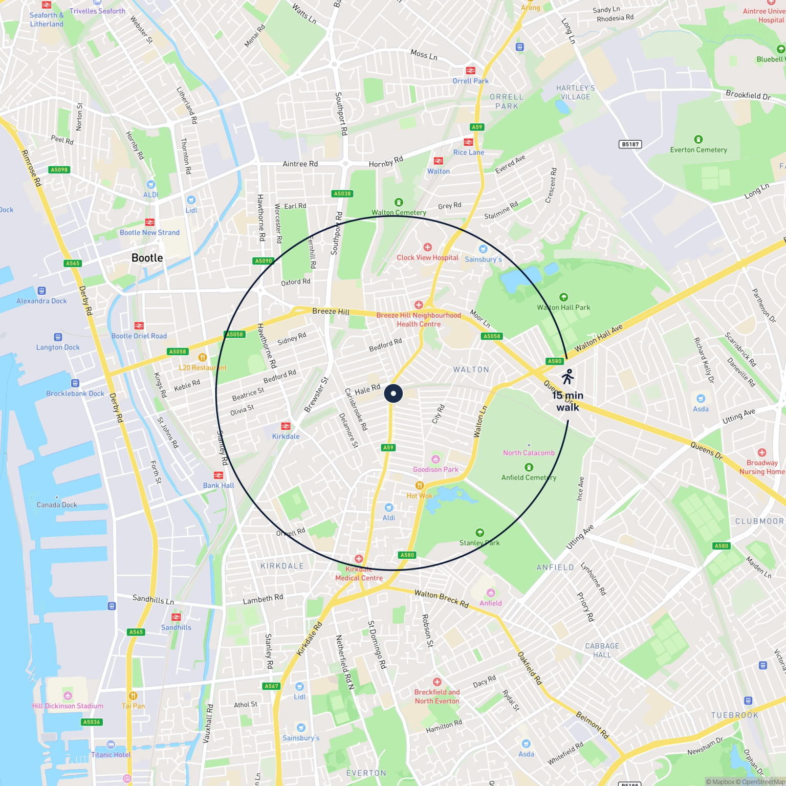 Map showing the location of 144 County Road, Liverpool, L4 3QW and the surrounding 15 minute walk area.