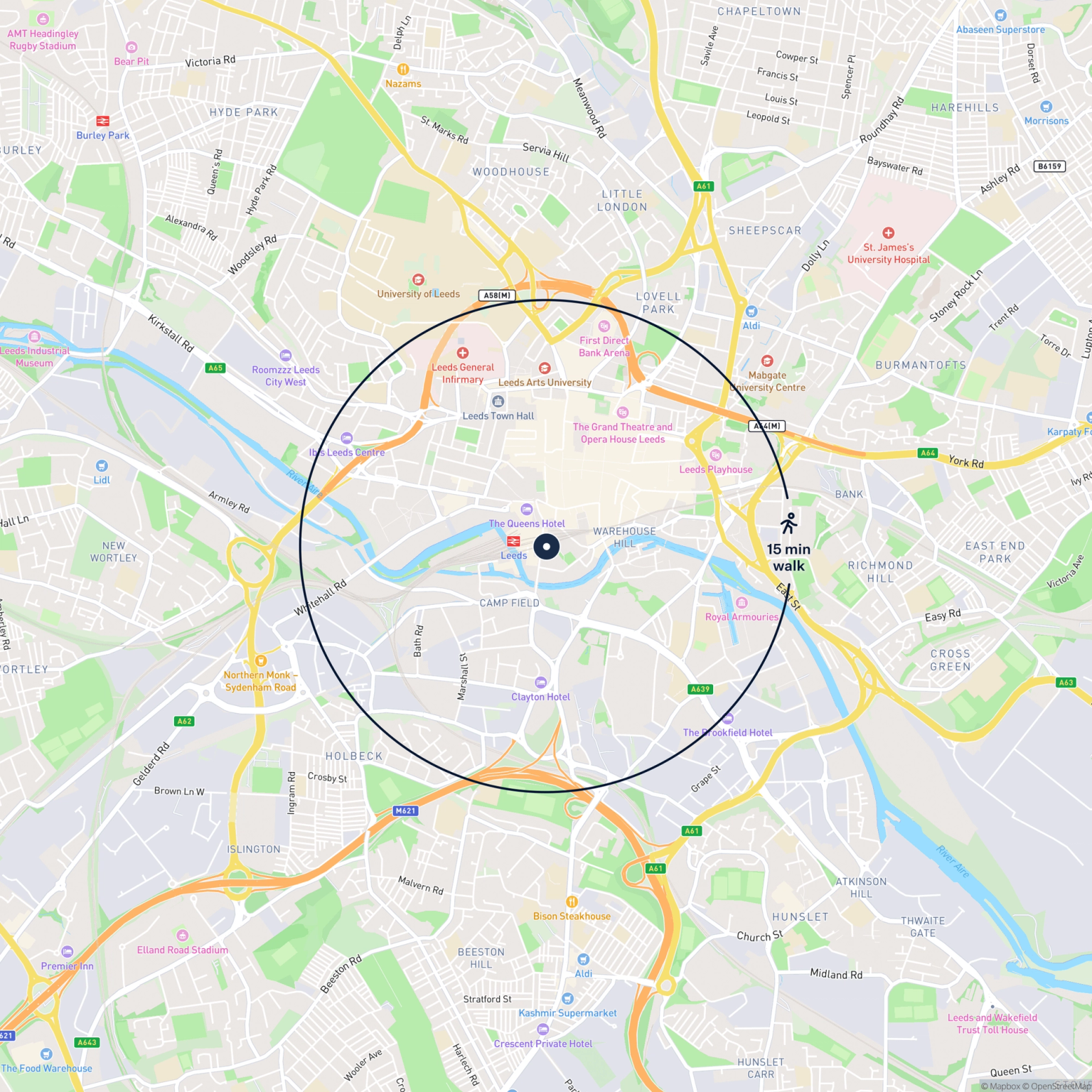 Map showing the location of 2 Sovereign Place, Leeds, LS1 4SP and the surrounding 15 minute walk area.