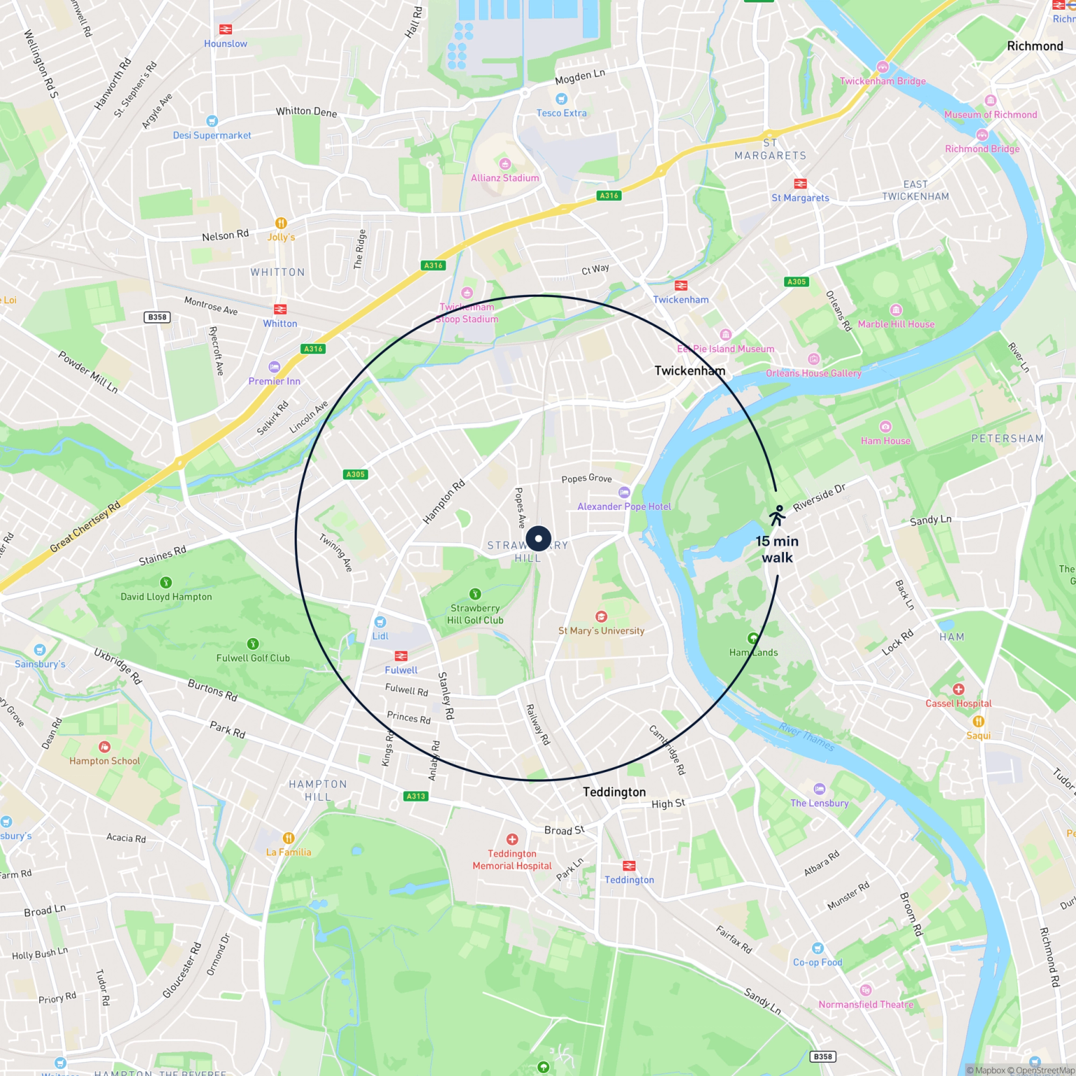 Map showing the location of Strawberry Hill Station Building - former waiting room & store, Twickenham, TW1 4PP and the surrounding 15 minute walk area.