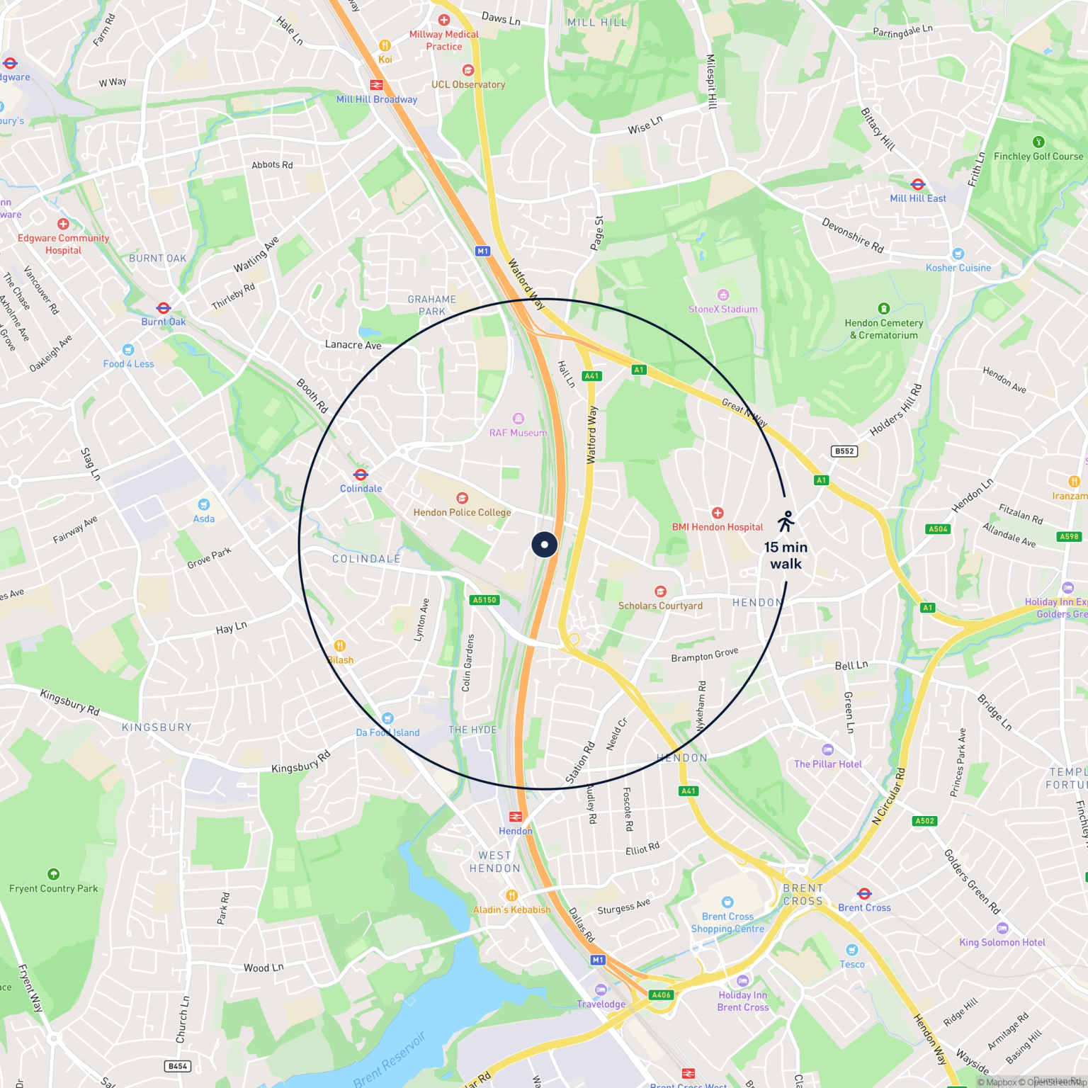 Map showing the location of UNIT 4 AERODROME ROAD, PROPELLER WAY, HENDON, NW4 4BW and the surrounding 15 minute walk area.