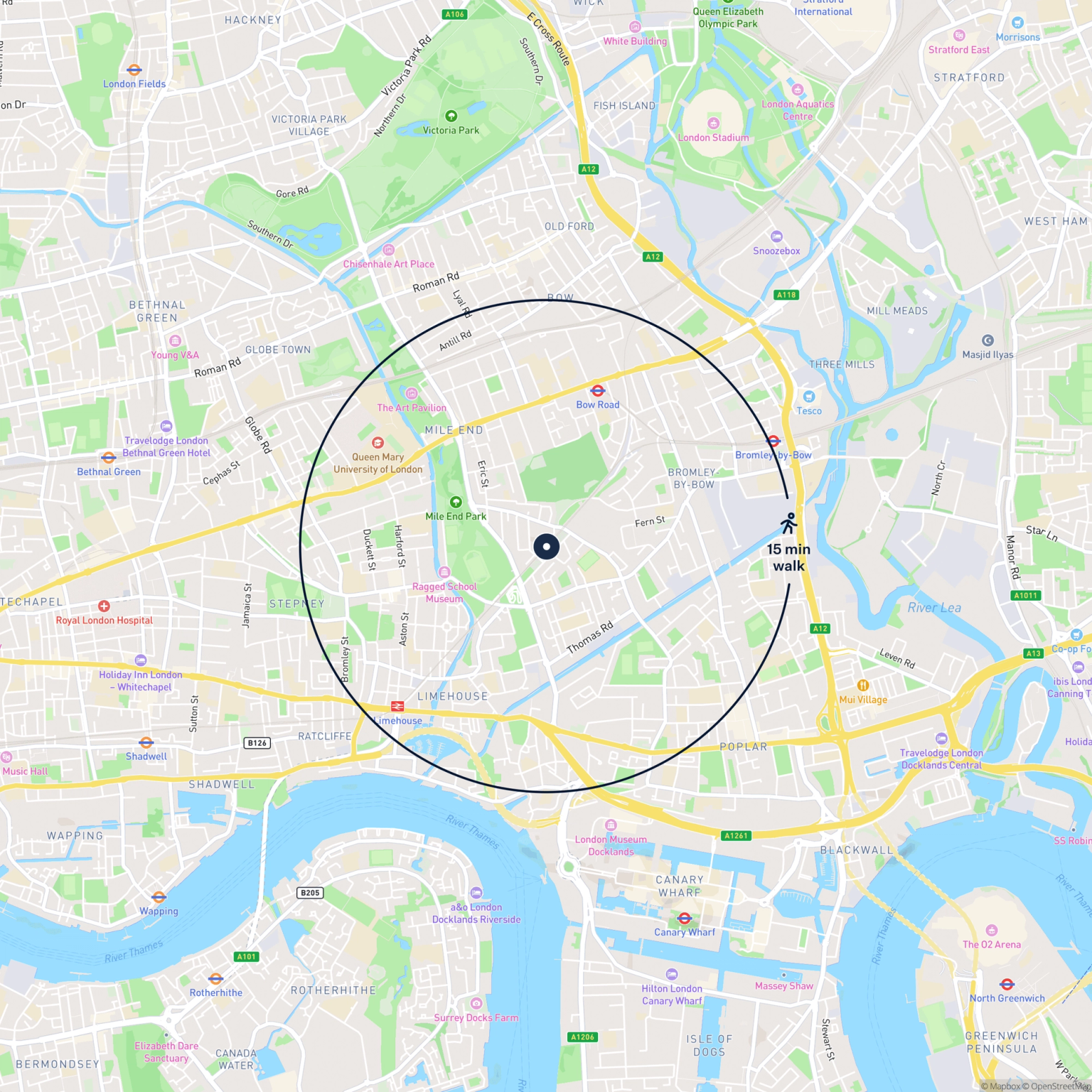 Map showing the location of 450 Burdett Road, Bow , E3 4JA and the surrounding 15 minute walk area.