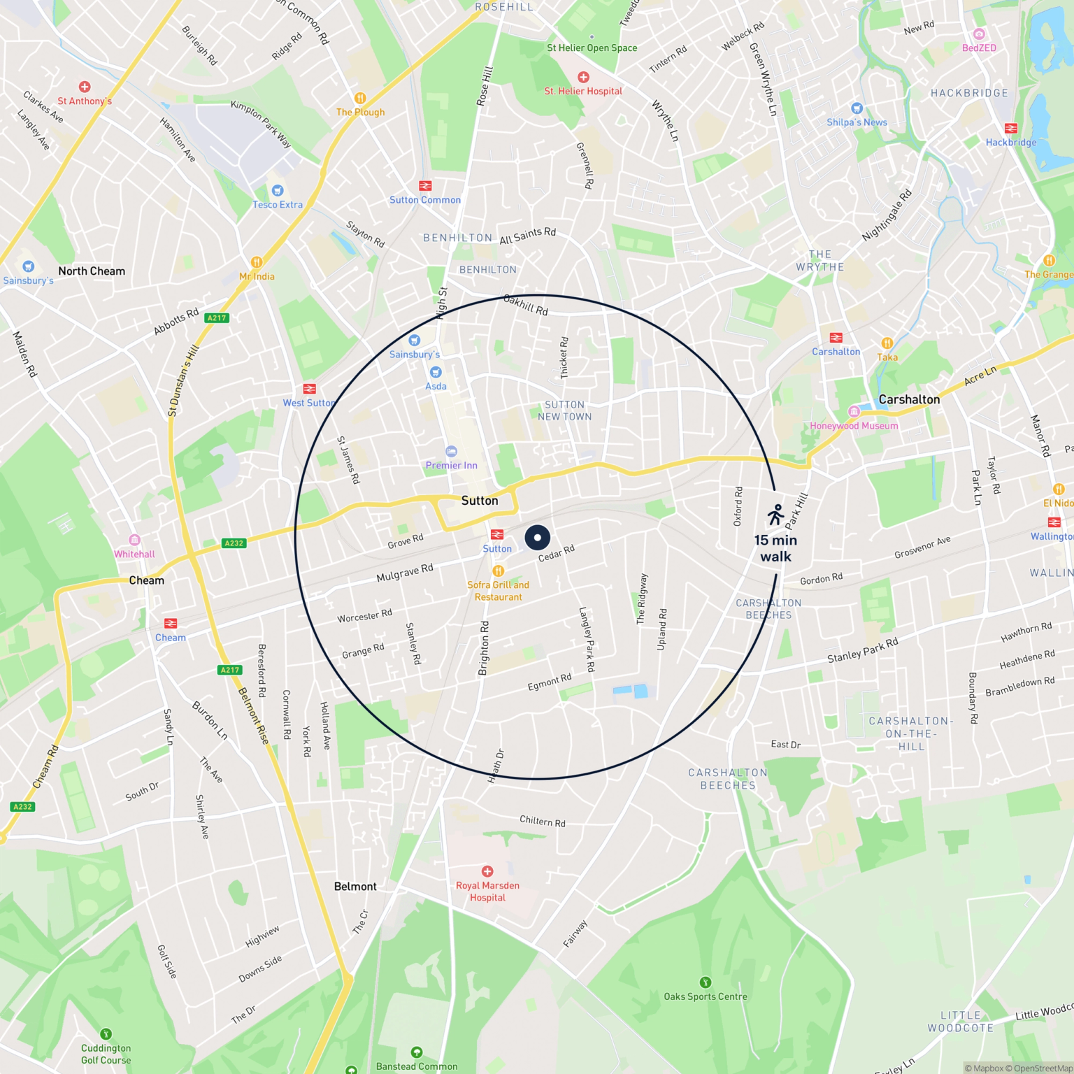 Map showing the location of Sutton - Land Adjoining Downside Commuter Car Park, Sutton, SM2 5BW and the surrounding 15 minute walk area.