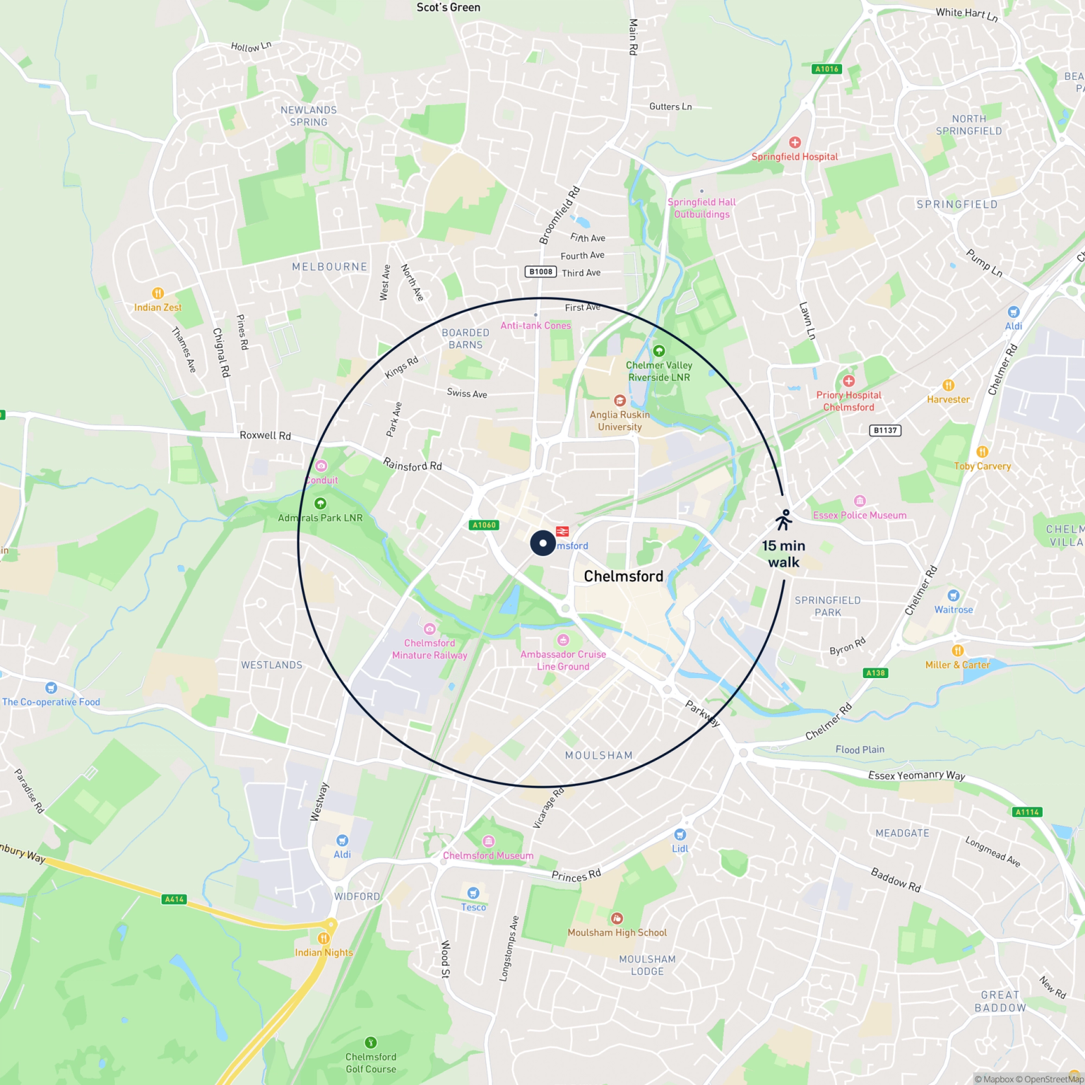 Map showing the location of 27 Viaduct Road , Chelmsford, CM1 1TS and the surrounding 15 minute walk area.