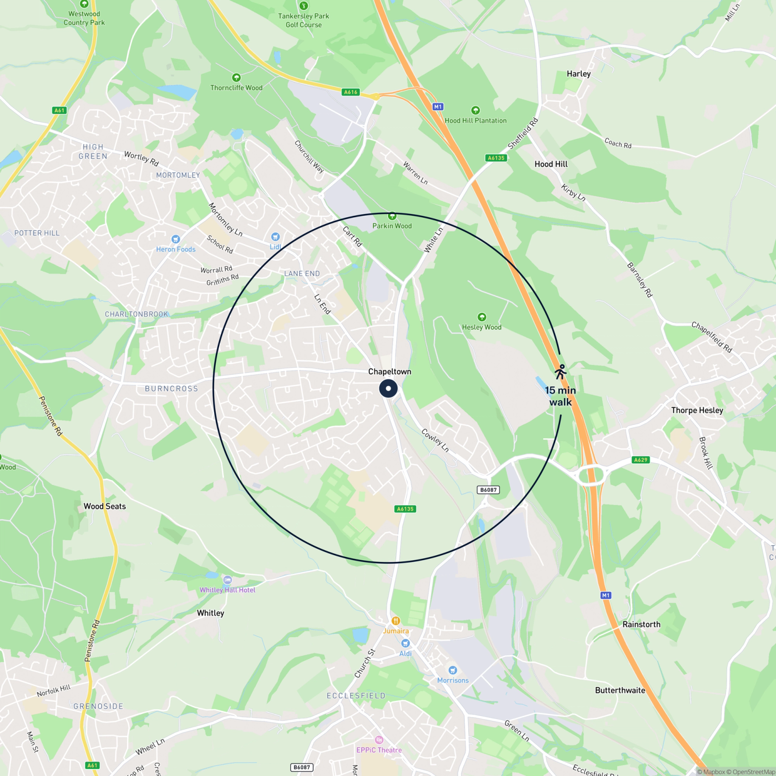 Map showing the location of 1 Ecclesfield Road Land, Sheffield, S35 1TD and the surrounding 15 minute walk area.