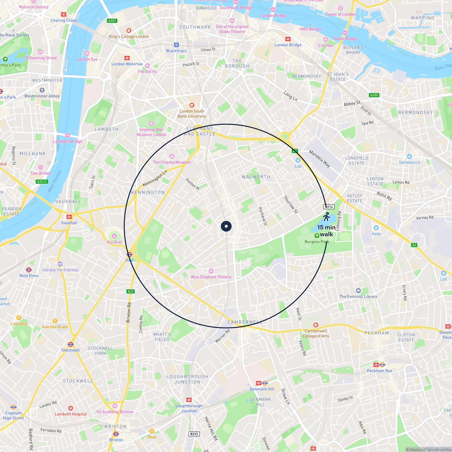 Map showing the location of 231 & 235 Empress Street, London, SE17 3HJ and the surrounding 15 minute walk area.