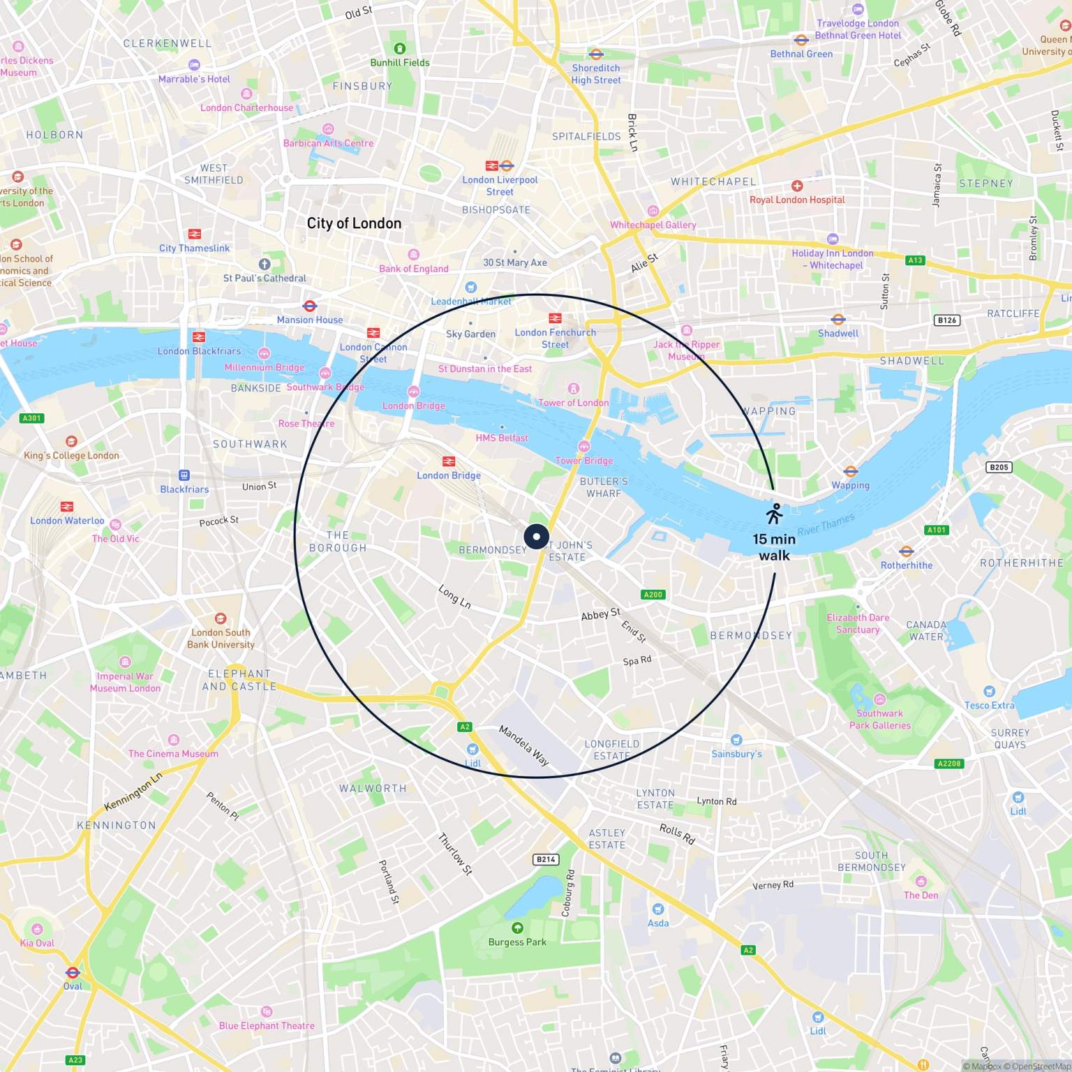 Map showing the location of Unit 854, 18 Druid Street, London, SE1 2EY and the surrounding 15 minute walk area.