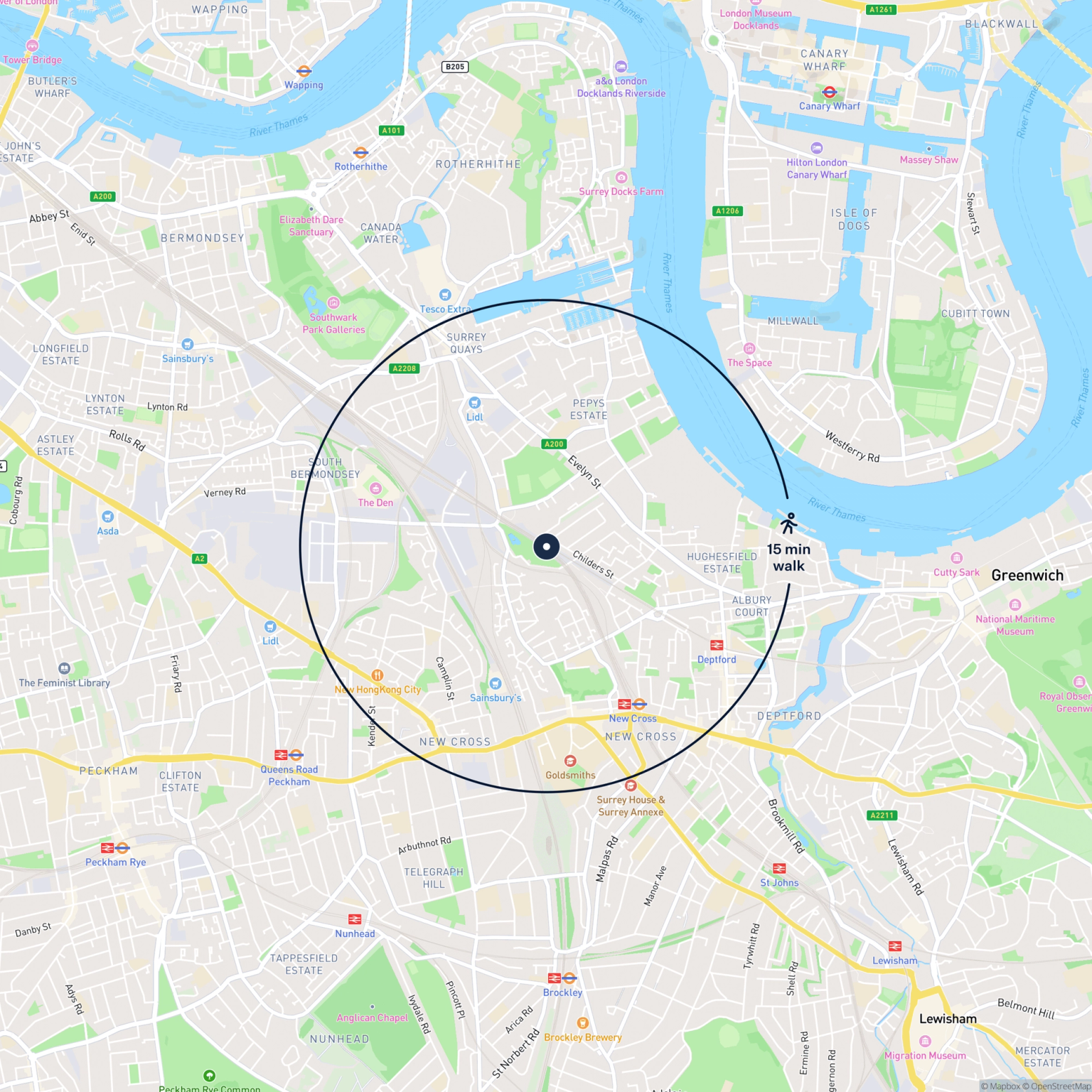 Map showing the location of 58 Parkside Business Estate, London, SE8 5JA and the surrounding 15 minute walk area.