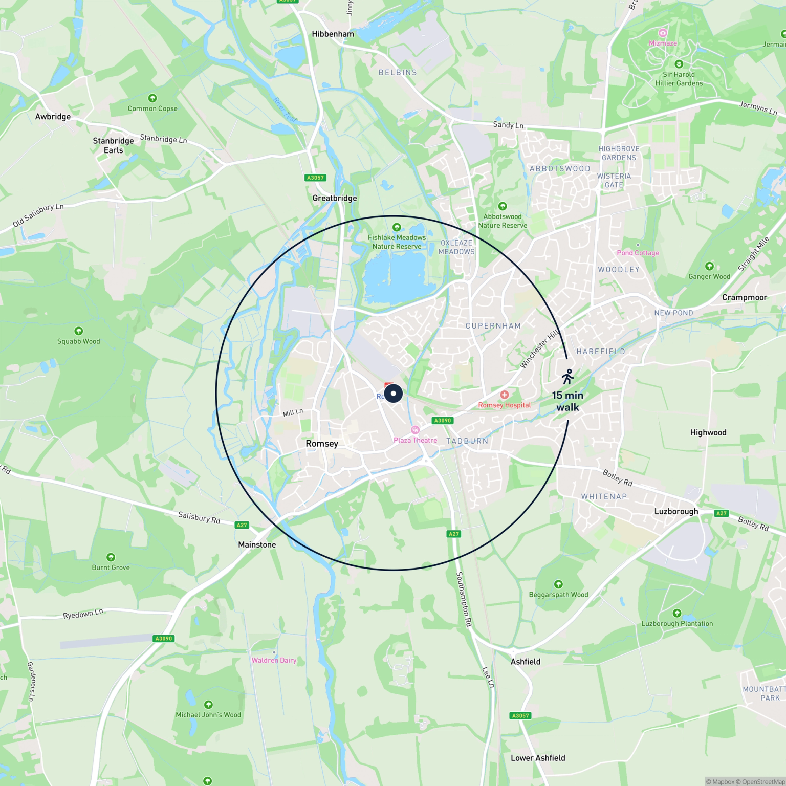 Map showing the location of Units 3 & 4 Station Approach, Romsey, SO51 8DU and the surrounding 15 minute walk area.
