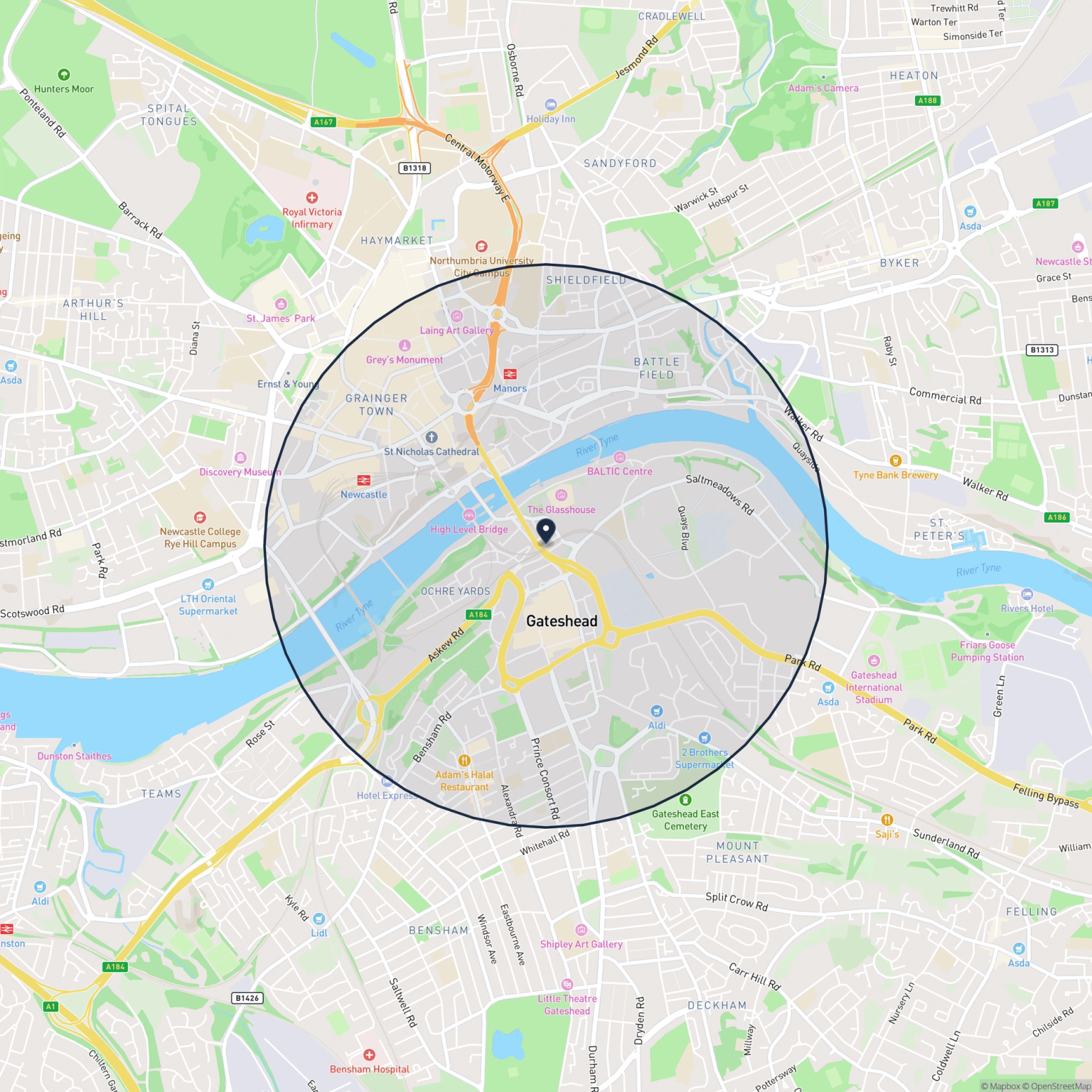 Map showing the location of 2 Hymers Court, Gateshead, NE8 2BA and the surrounding 15 minute walk area.