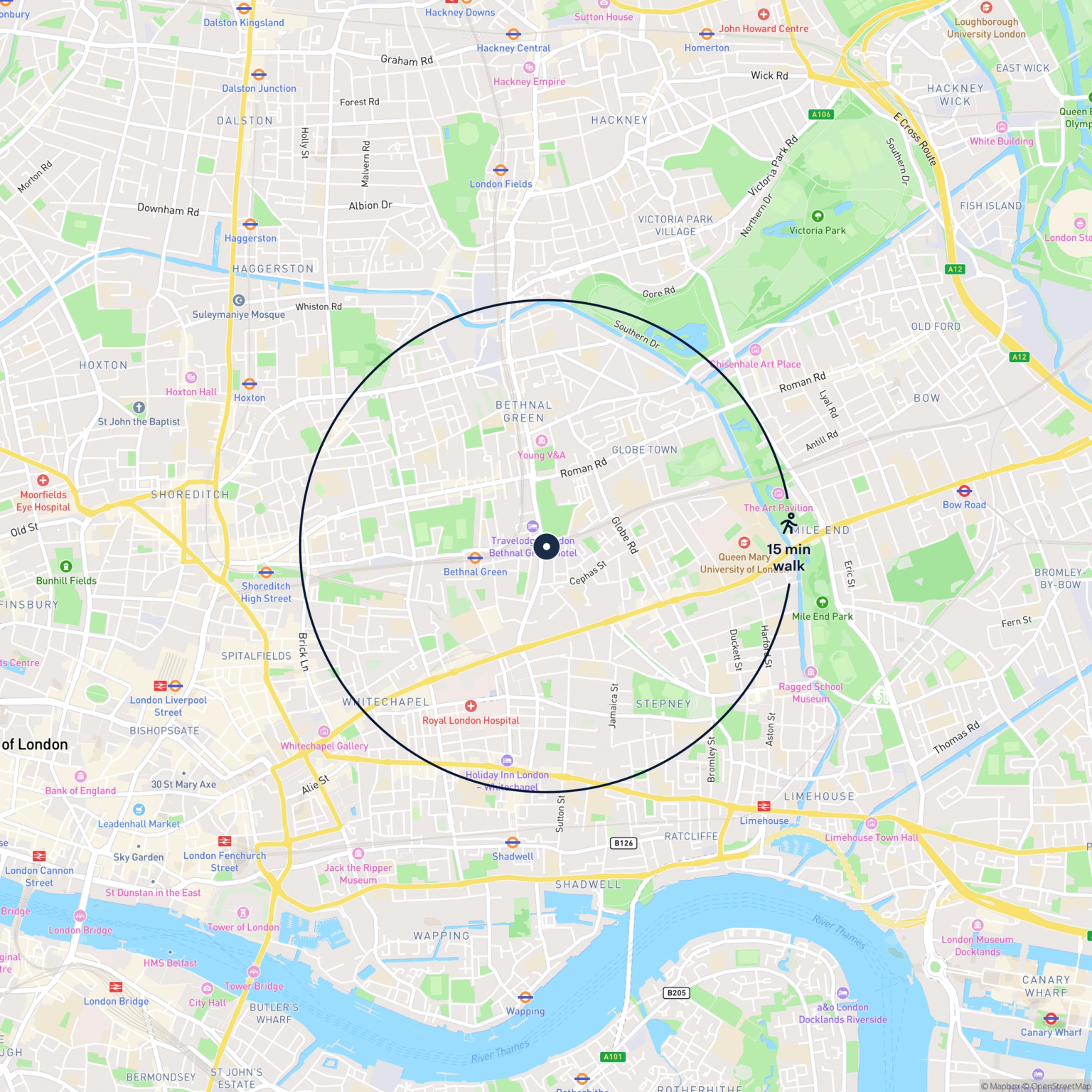 Map showing the location of 157-158 Malcolm Place, London, E2 0EU and the surrounding 15 minute walk area.