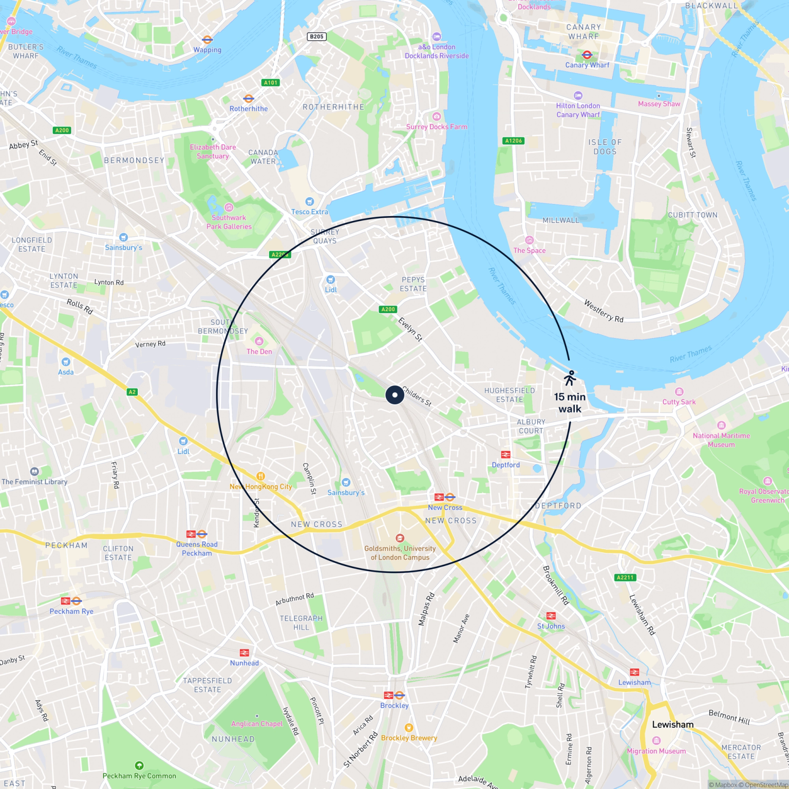 Map showing the location of Unit 3 Parkside Business Estate, Deptford, SE8 5JB and the surrounding 15 minute walk area.