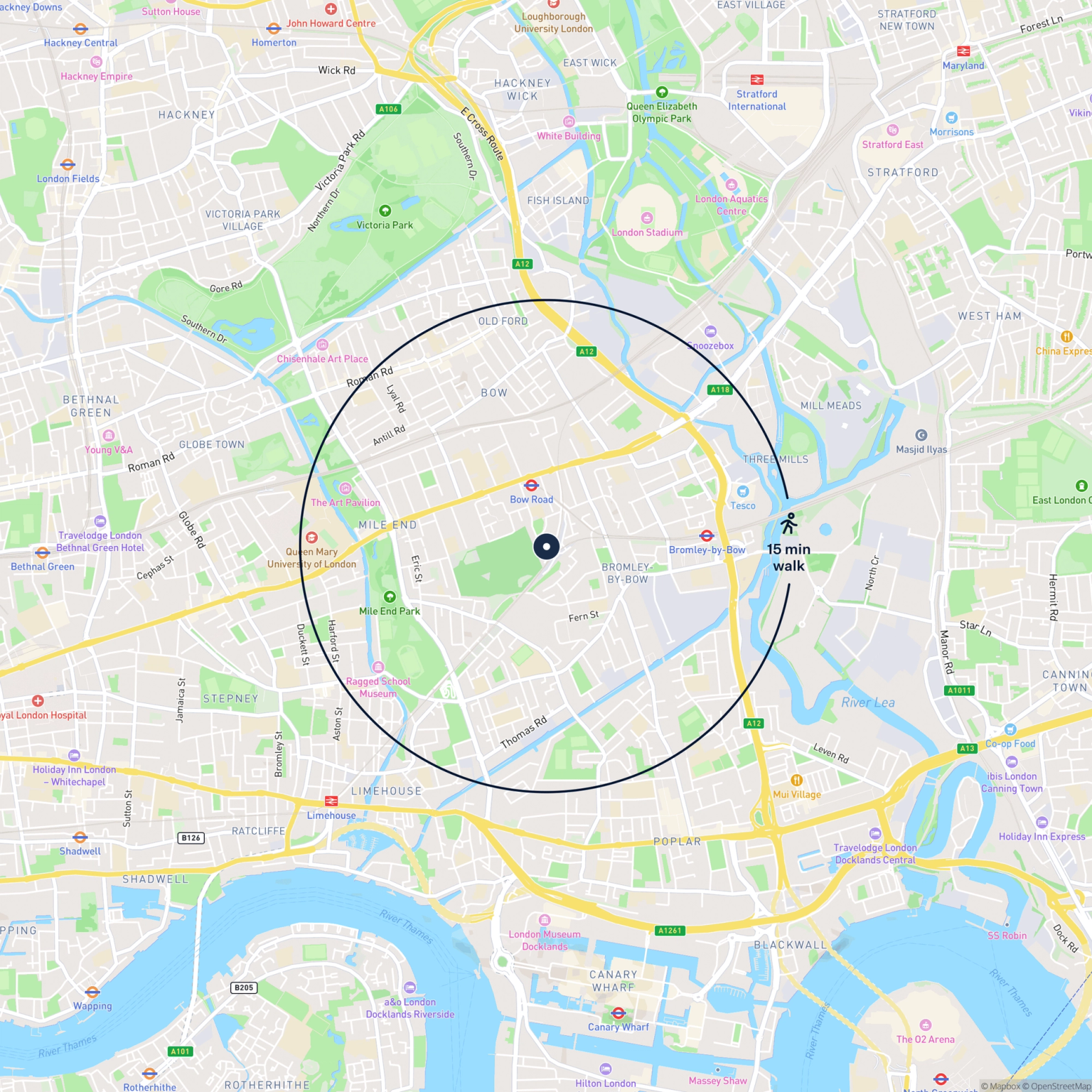 Map showing the location of Unit 34 Bow Triangle, Eleanor Street, London, E3 4UR and the surrounding 15 minute walk area.