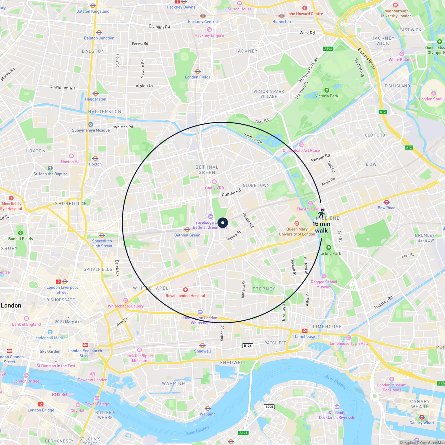 Map showing the location of 160 Malcolm Place, London, E2 0EU and the surrounding 15 minute walk area.