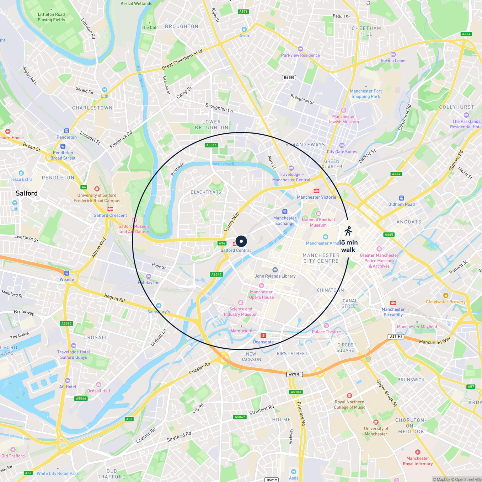 Map showing the location of 18C New Bailey Street, Salford, M3 5FS and the surrounding 15 minute walk area.