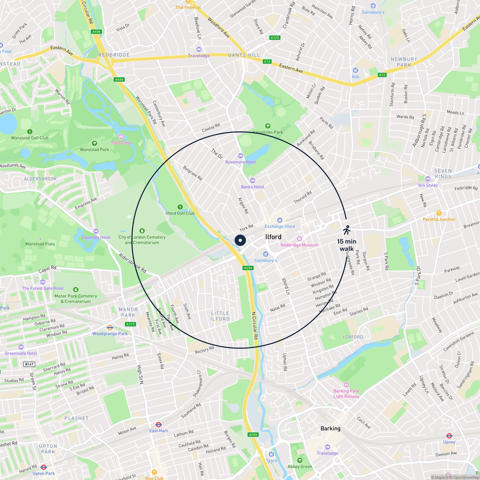 Map showing the location of Land at Mill Road, Ilford, Ilford, IG1 2DF and the surrounding 15 minute walk area.