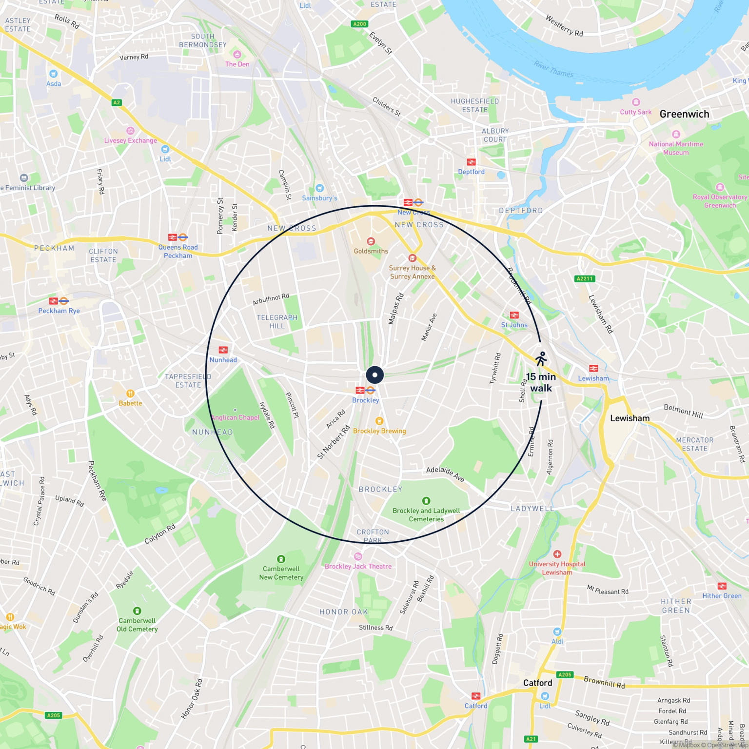 Map showing the location of Land at Coulgate Street, London, SE4 2AA and the surrounding 15 minute walk area.