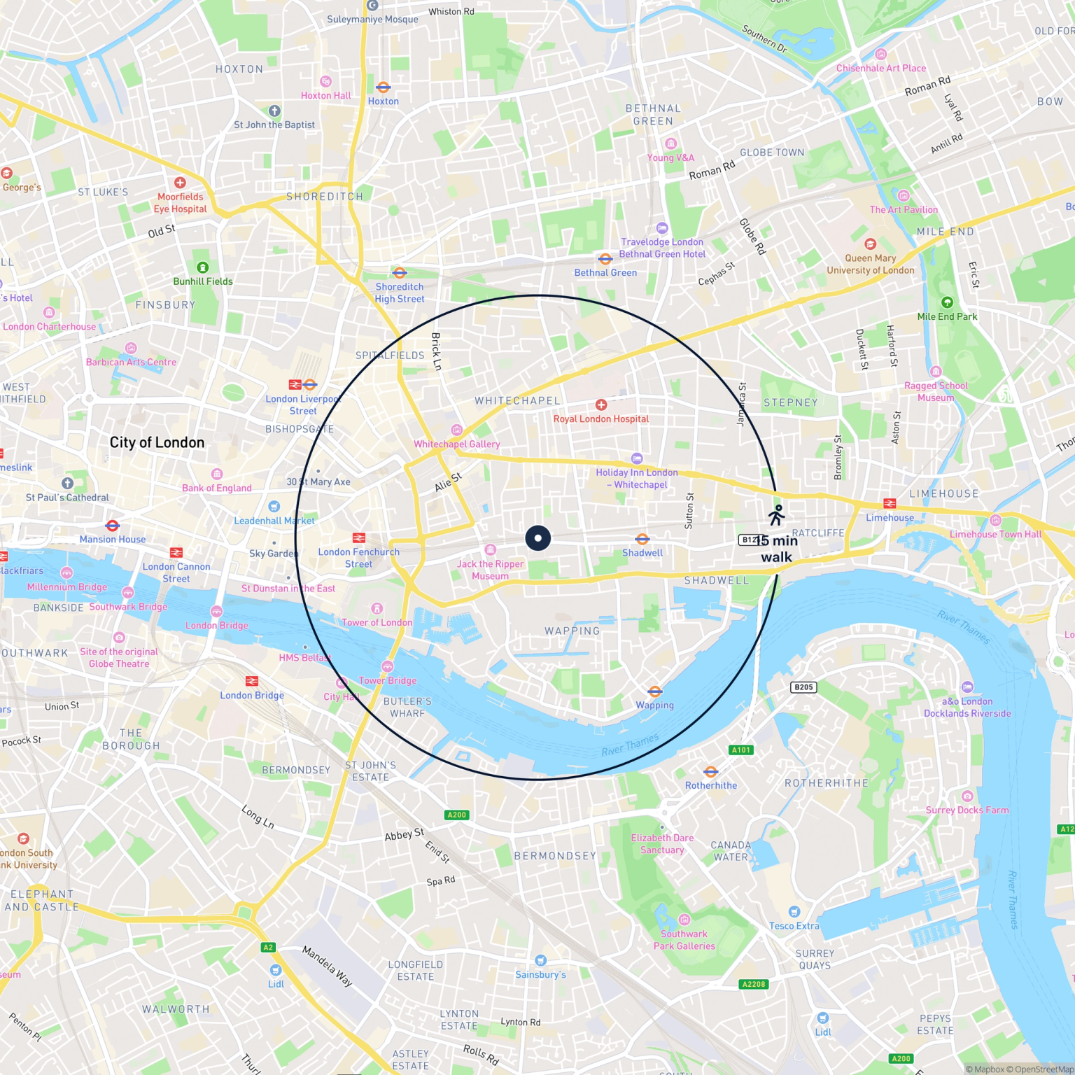 Map showing the location of 90 Cable Street, Shadwell, E1 1LX and the surrounding 15 minute walk area.