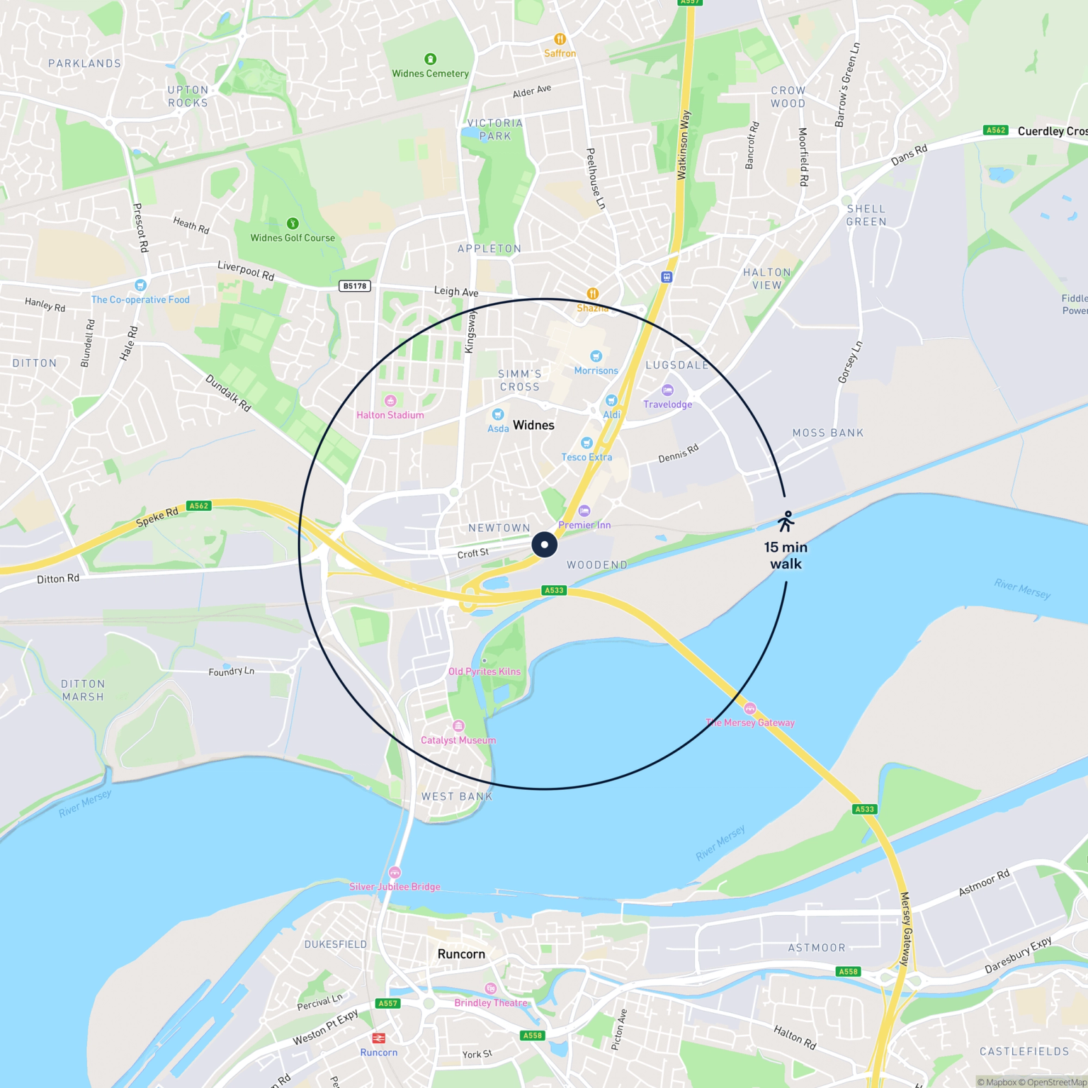 Map showing the location of Units 6, 7 & 8 Appleton Street and adjoining land, Widnes, WA8 0NQ and the surrounding 15 minute walk area.