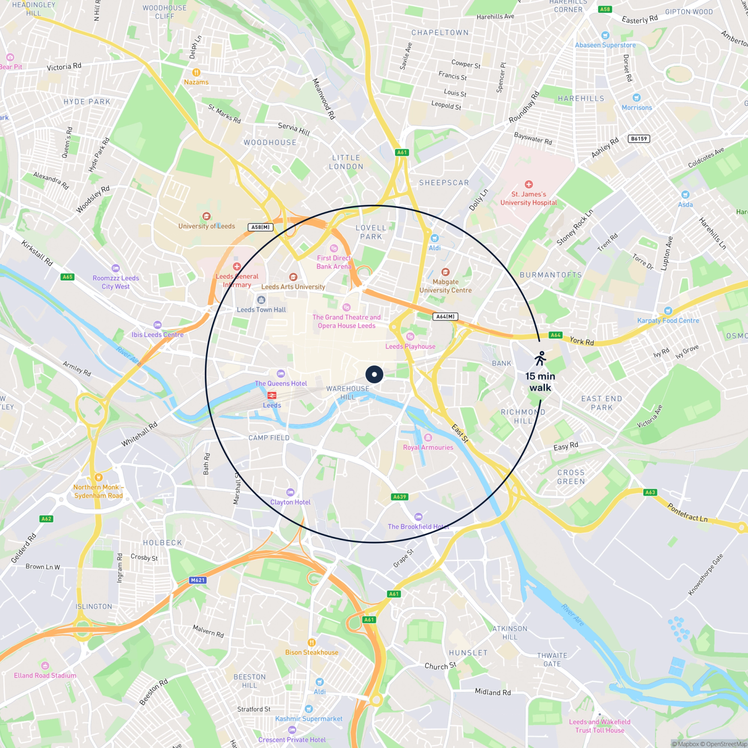 Map showing the location of 41, 42 & 43 Pine Court & 81 Kirkgate, Leeds, LS2 7DJ and the surrounding 15 minute walk area.