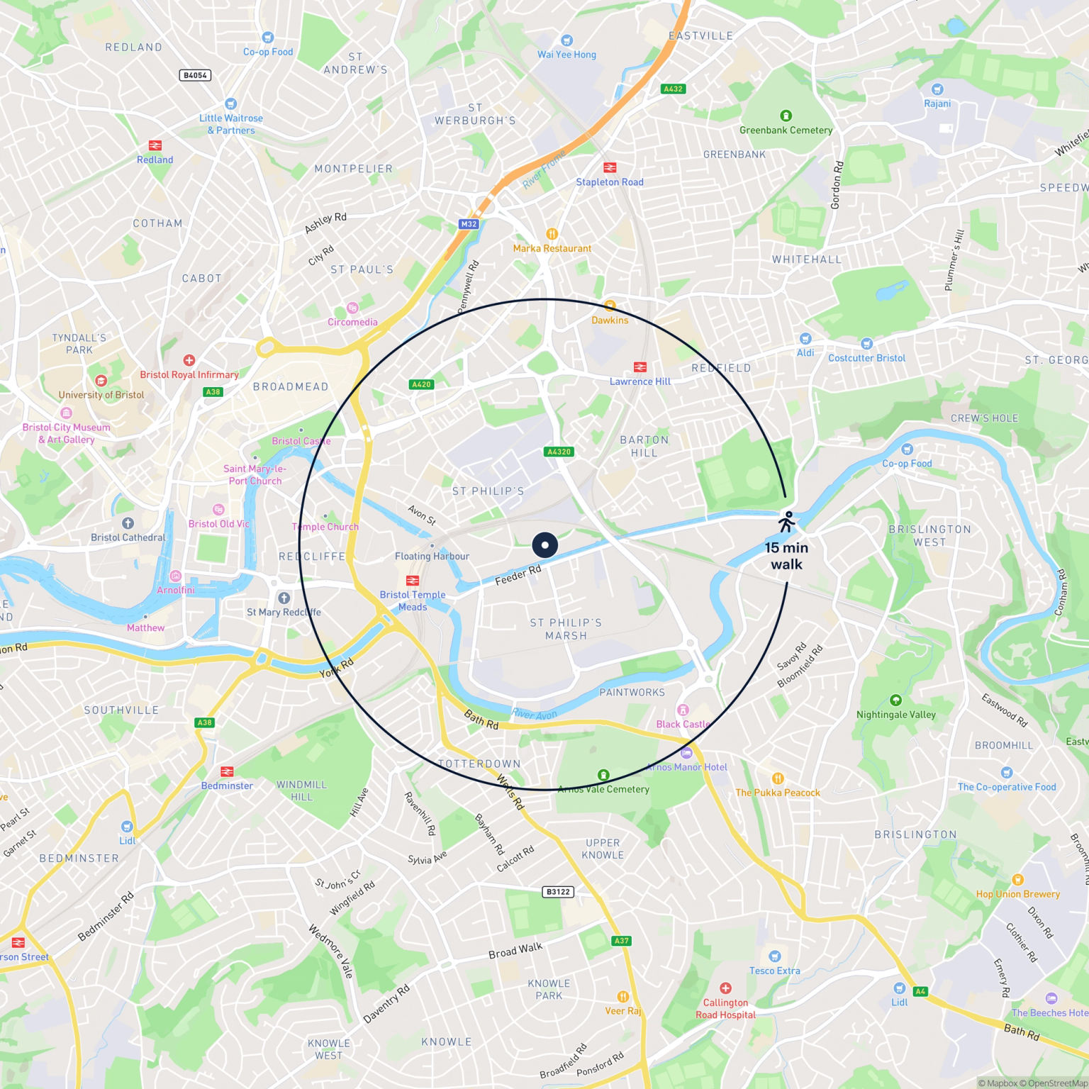 Map showing the location of Unit 7 Silverthorne Lane , Bristol, BS2 0QD and the surrounding 15 minute walk area.