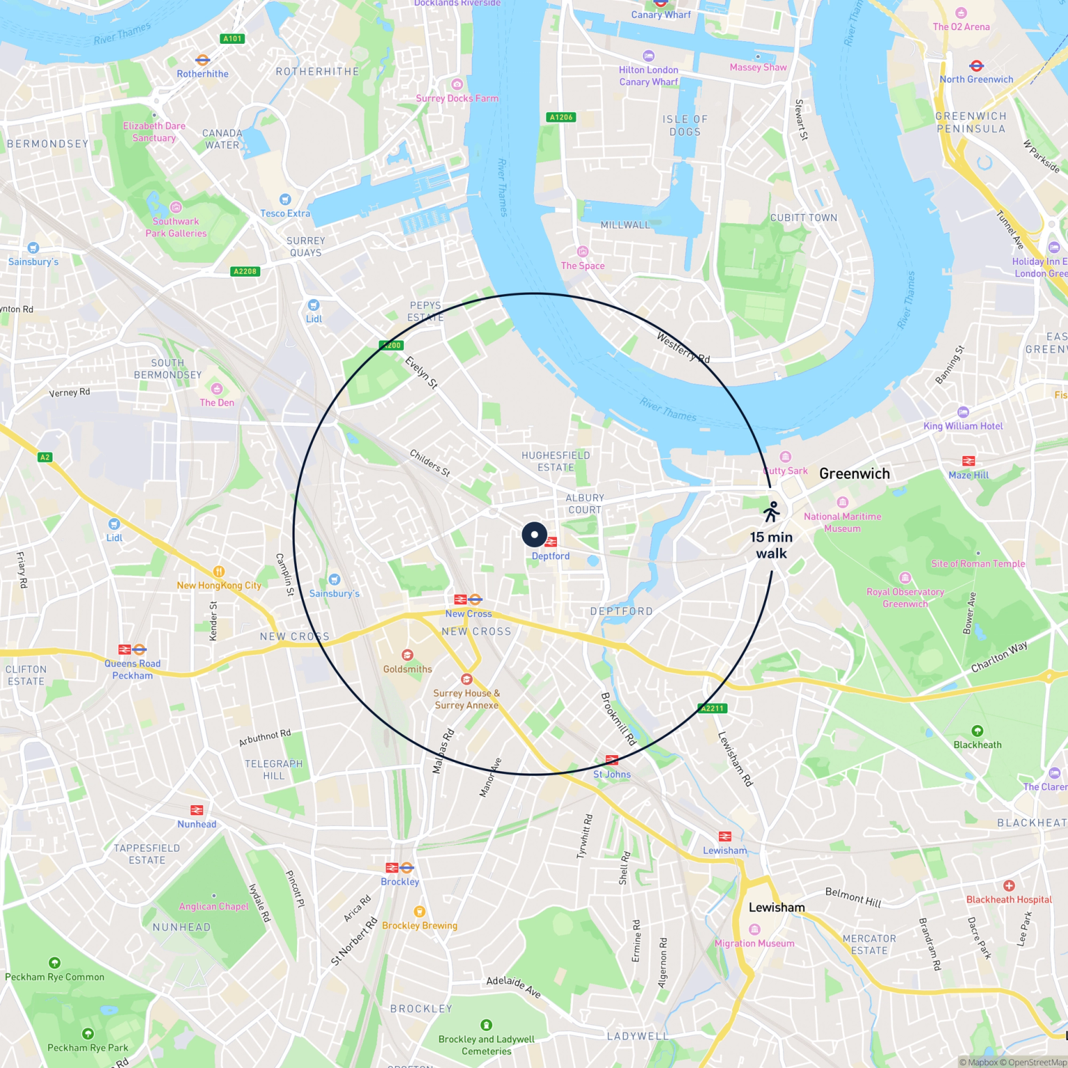 Map showing the location of 15B (Arch 169) Titan Business Estate , London, SE8 5QA and the surrounding 15 minute walk area.