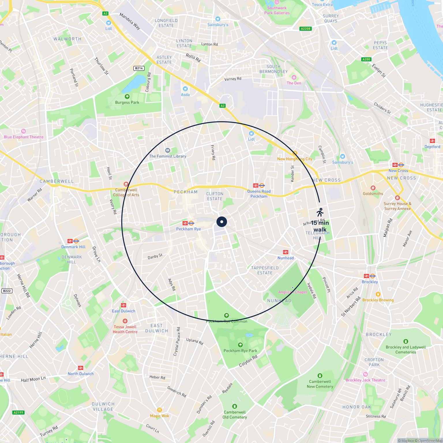 Map showing the location of 831 & 832 Consort Road , London, SE15 2PR and the surrounding 15 minute walk area.
