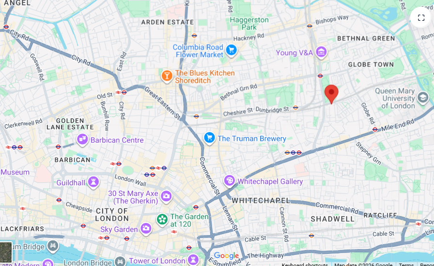 Map of East London with a red location pin near Bethnal Green.