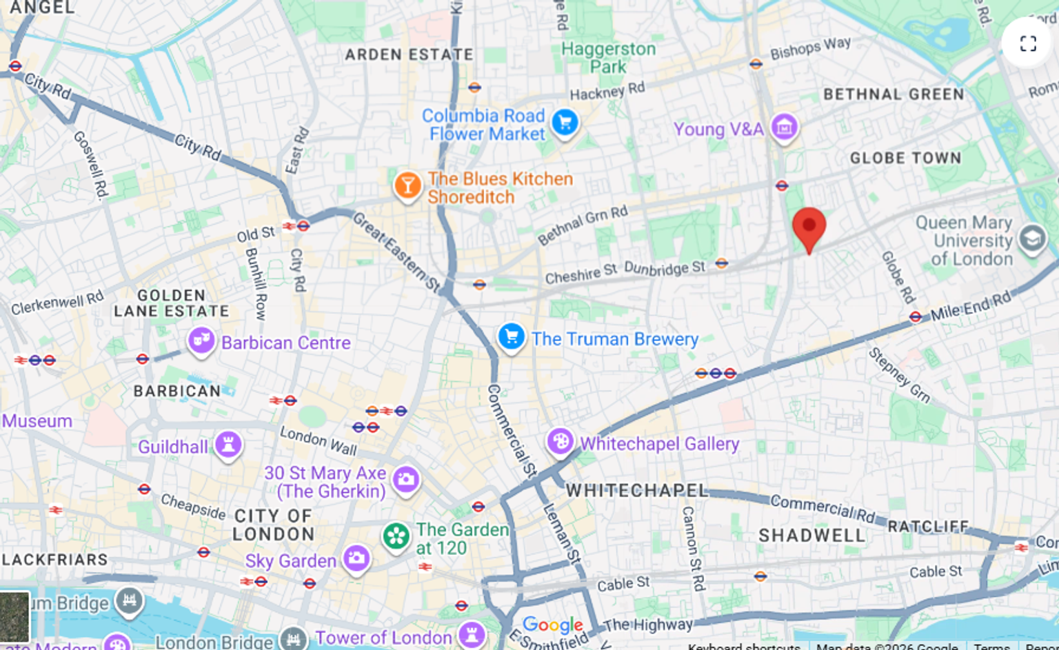 Map of East London with a red location pin near Bethnal Green.