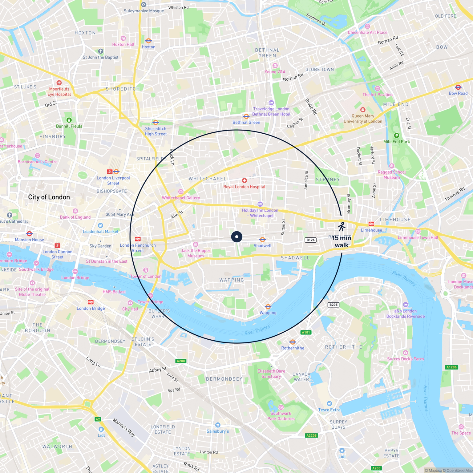 Map showing the location of 102 Cable Street, Shadwell, E1 2LY and the surrounding 15 minute walk area.
