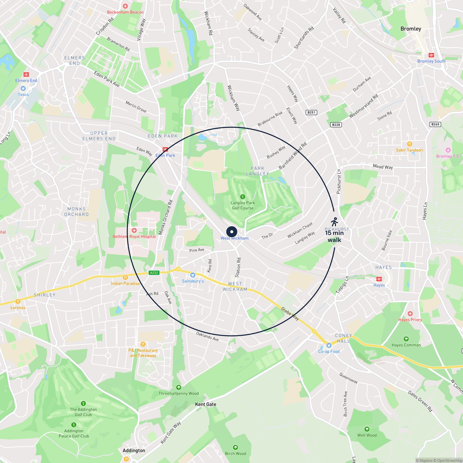 Map showing the location of West Wickham Goods Yard, West Wickham, BR4 0EH and the surrounding 15 minute walk area.
