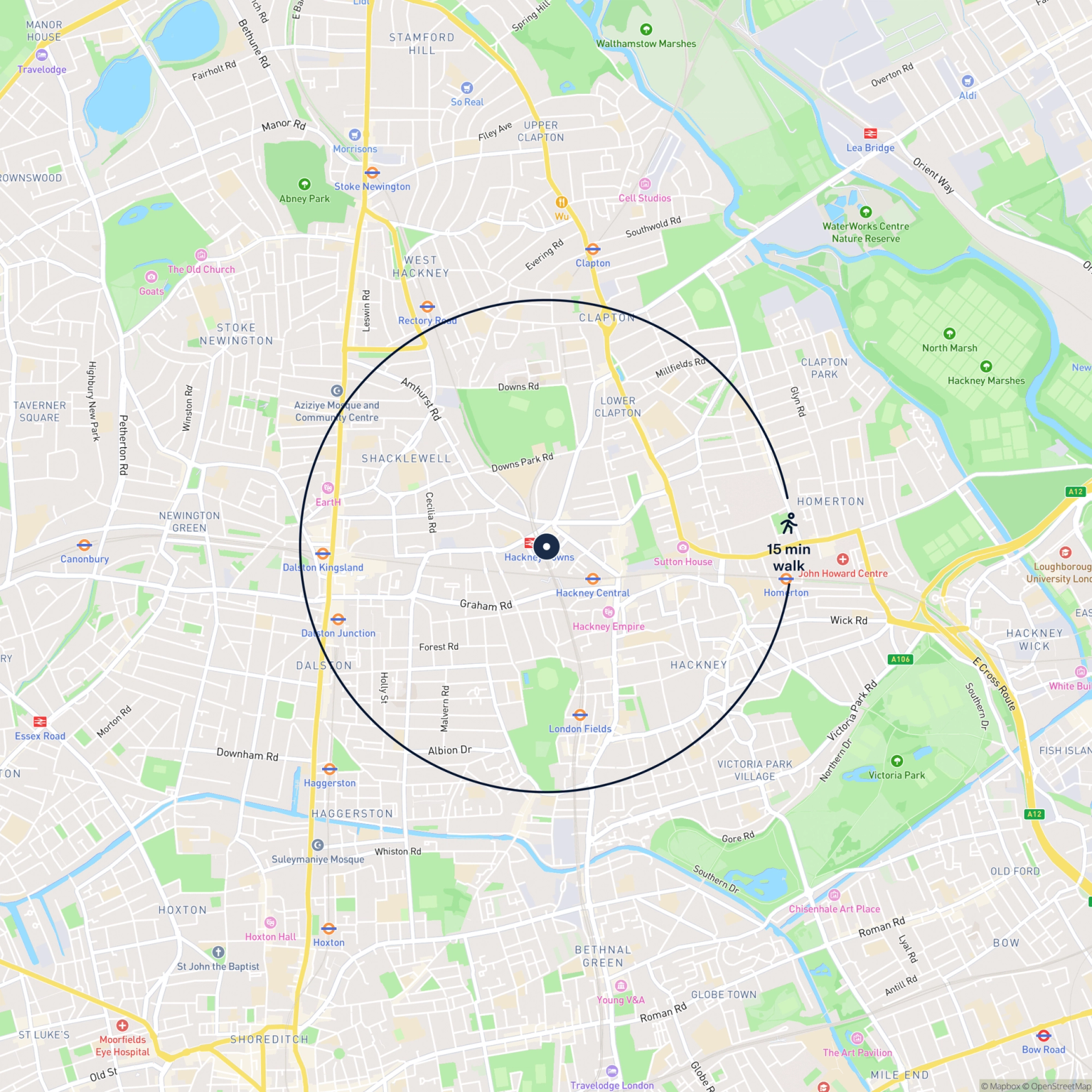 Map showing the location of 441 Institute Place, Hackney Downs, London, E8 1JE and the surrounding 15 minute walk area.