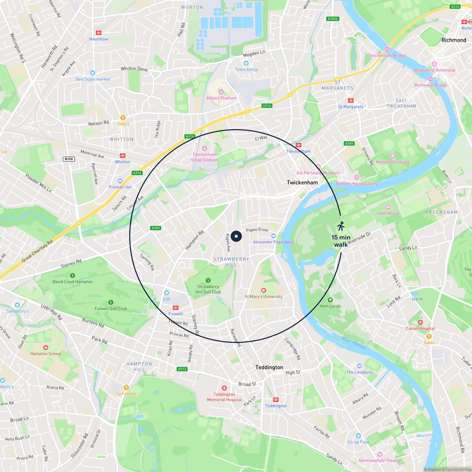 Map showing the location of 40 Popes Grove, Twickenham, TW2 5TA and the surrounding 15 minute walk area.
