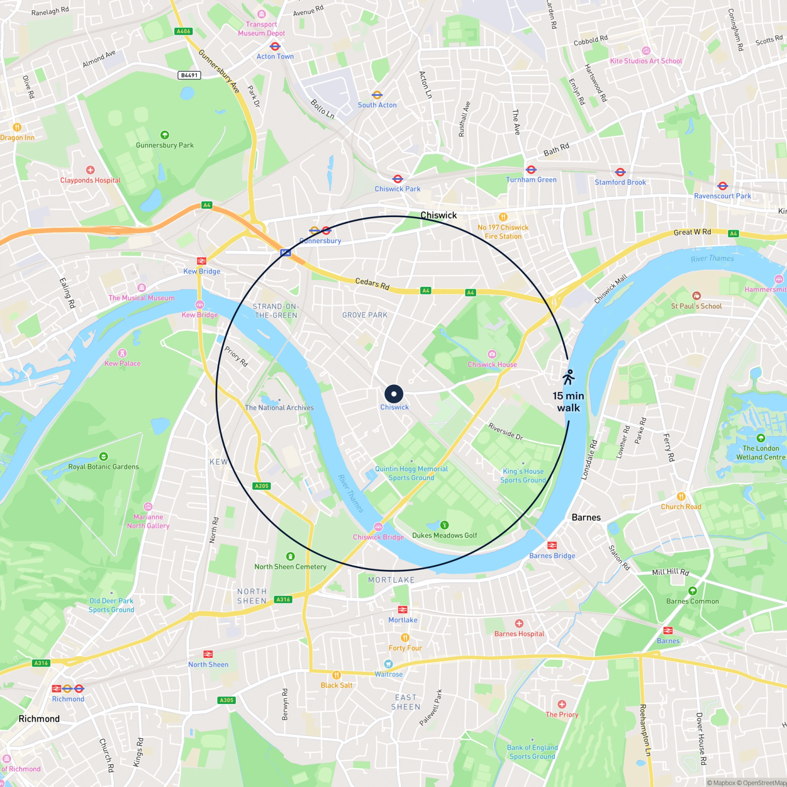 Map showing the location of Station Building, Burlington Lane, London, W4 3HB and the surrounding 15 minute walk area.