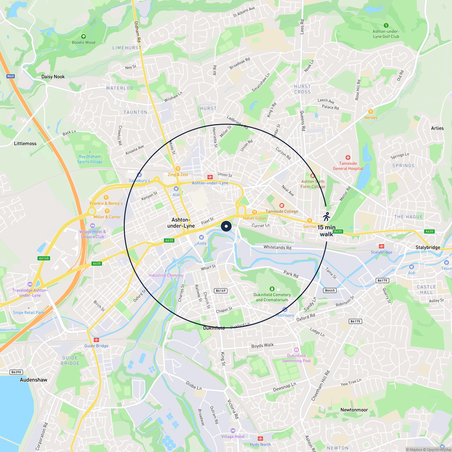 Map showing the location of Unit 4 Wharf Parade Lower Wharf Street, Ashton-Under-Lyne, OL6 7PE and the surrounding 15 minute walk area.