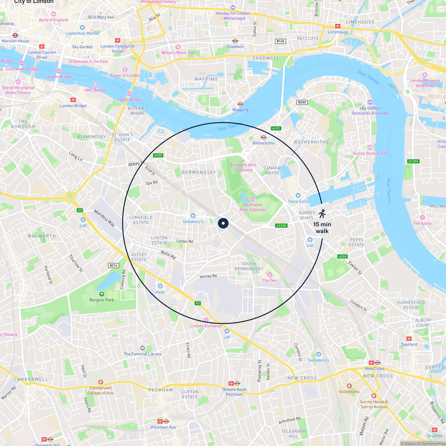 Map showing the location of 13 Almond Road, London, SE16 3LR and the surrounding 15 minute walk area.