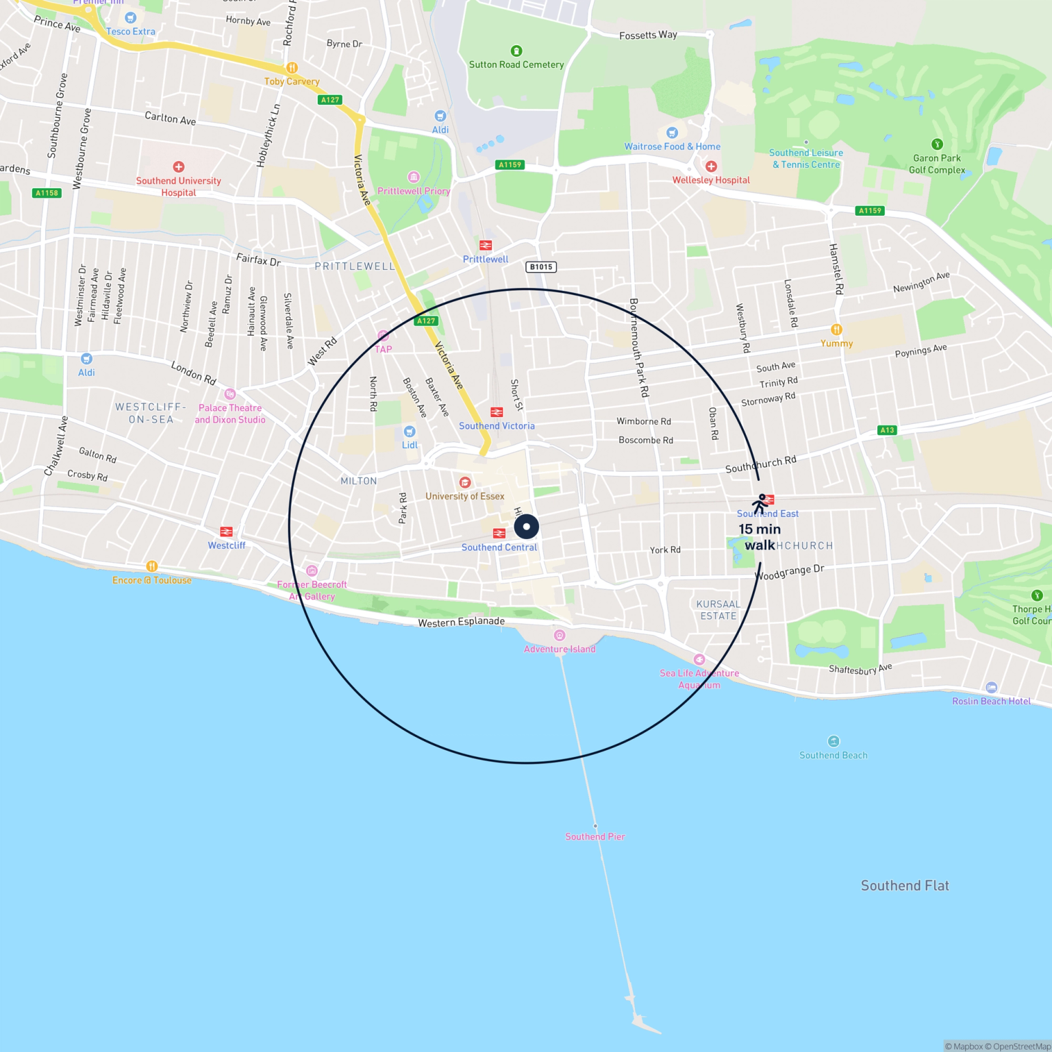 Map showing the location of 98A High Street Southend-On-Sea, Southend-On-Sea, SS1 1JN and the surrounding 15 minute walk area.