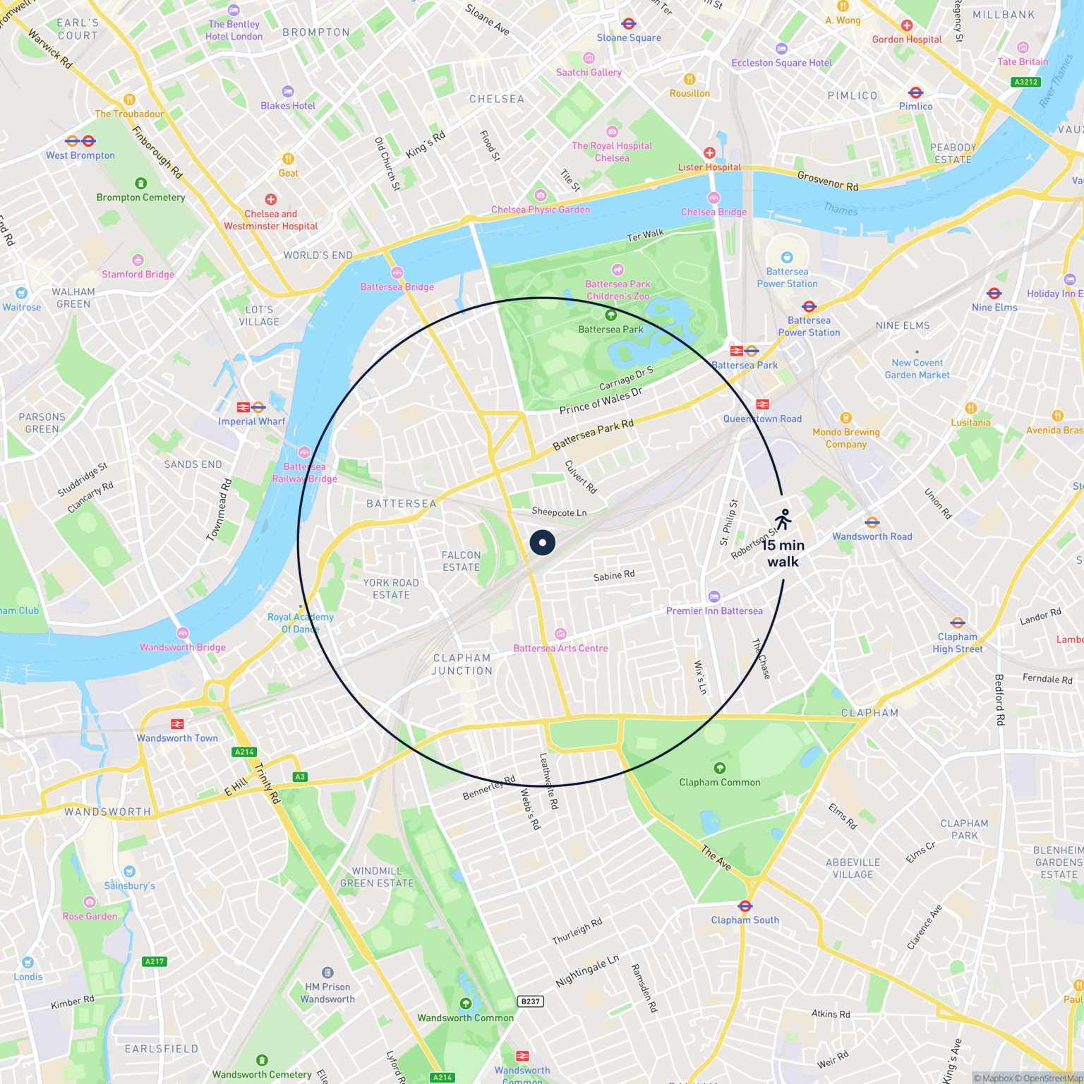 Map showing the location of 1 Poyntz Road, London, SW11 2JY and the surrounding 15 minute walk area.
