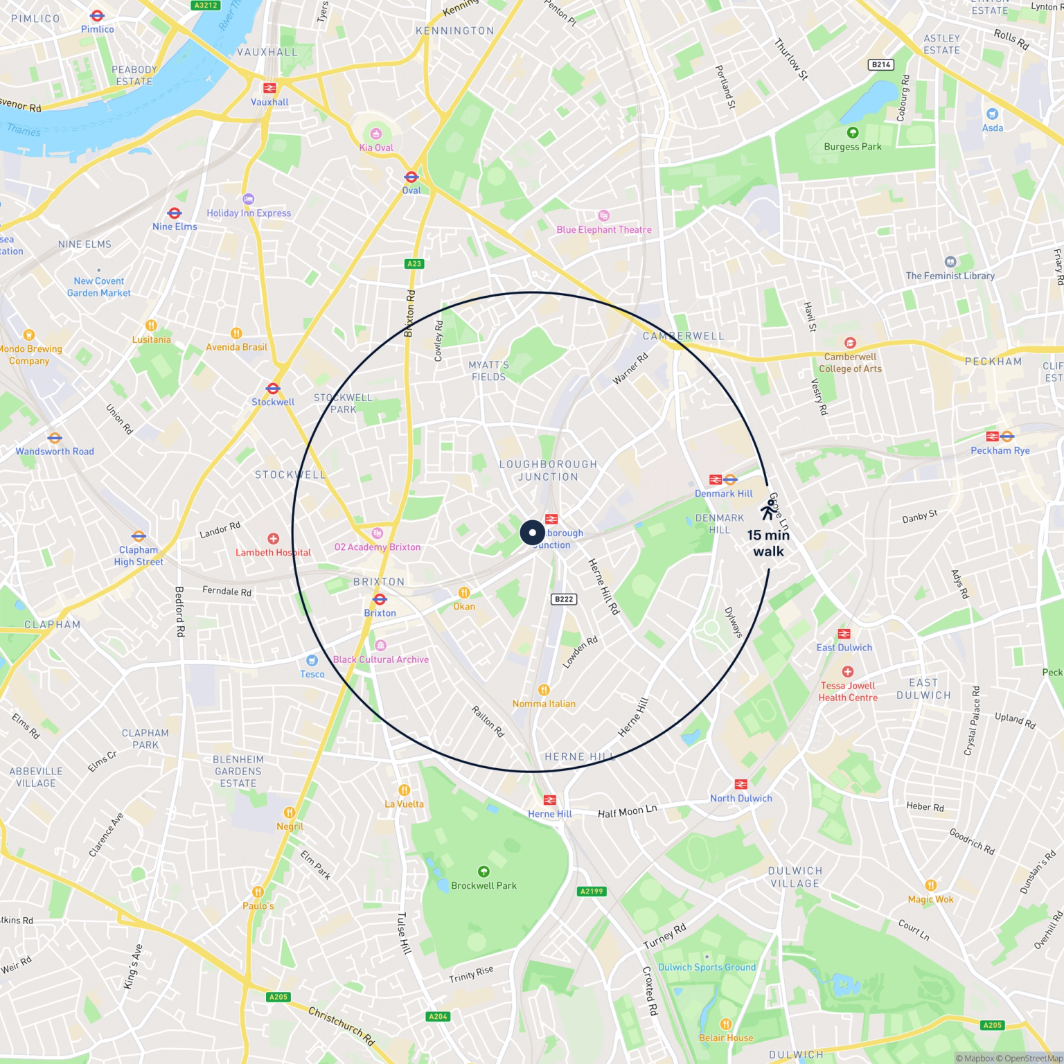 Map showing the location of 499 Ridgway Road, SW9 7EX and the surrounding 15 minute walk area.