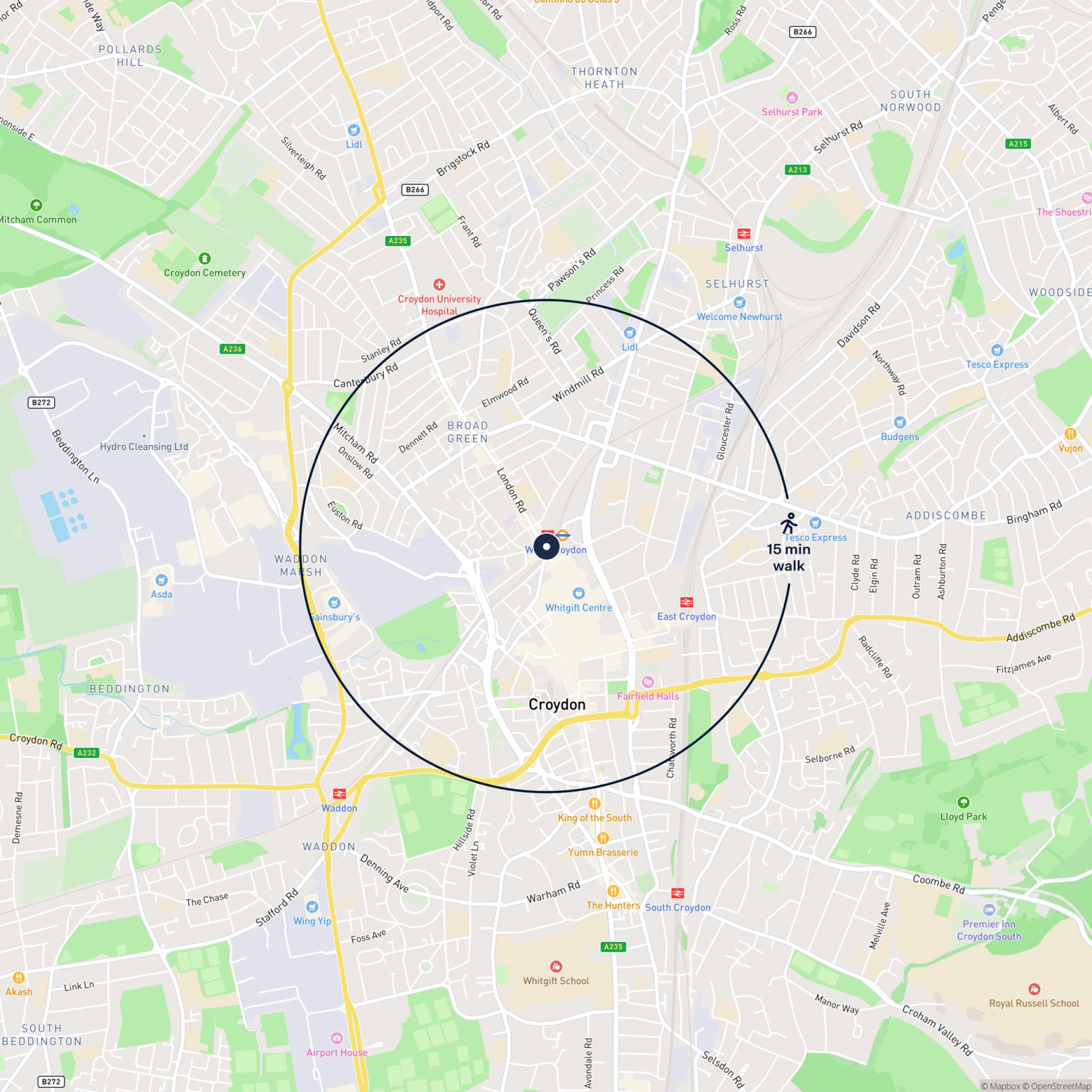 Map showing the location of 174 North End, West Croydon, Croydon, CR0 1UF and the surrounding 15 minute walk area.
