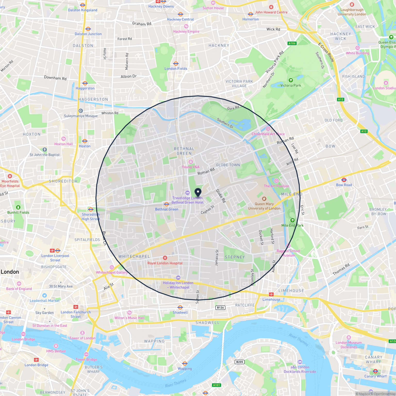 Map showing the location of 166 Malcolm Place, London, E2 0EU and the surrounding 15 minute walk area.