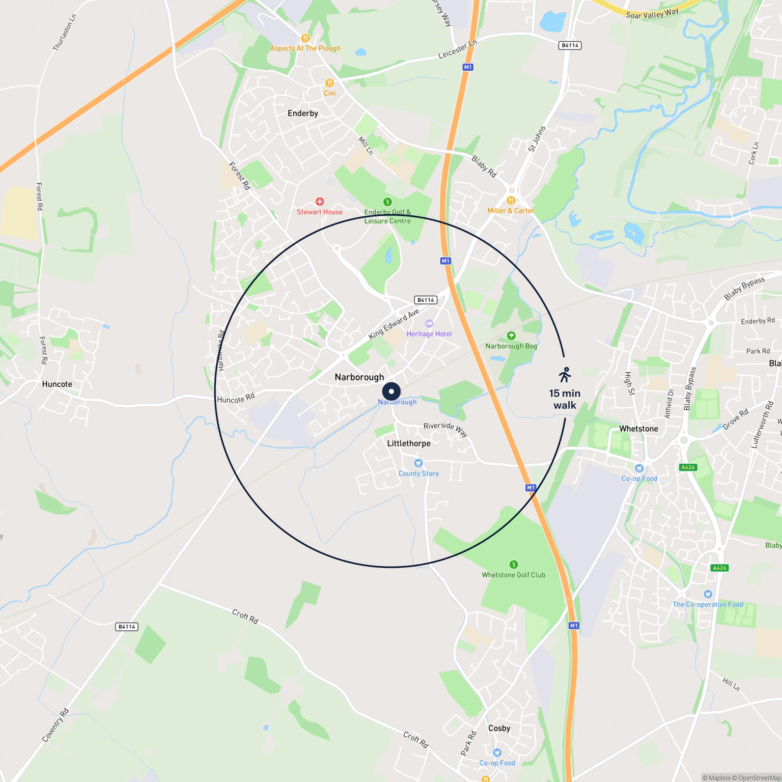 Map showing the location of Narborough - Ground Floor Office 8a Station Road, Leicester, LE19 2HR and the surrounding 15 minute walk area.