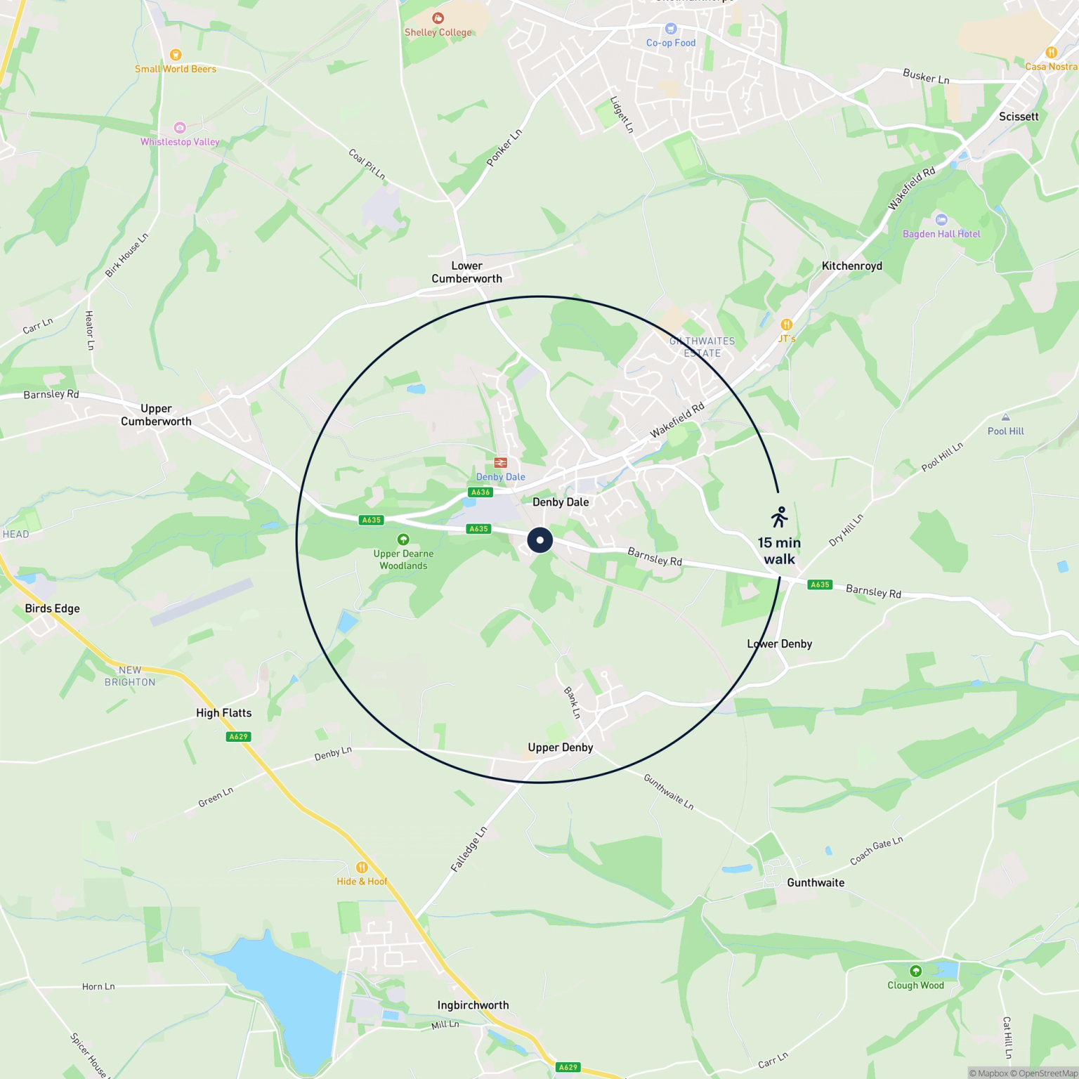 Map showing the location of Land Barnsley Road, Huddersfield, HD8 8TS and the surrounding 15 minute walk area.