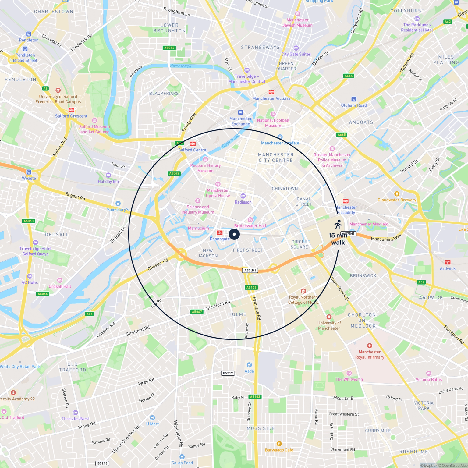 Map showing the location of 83 Hewitt Street, Manchester, M15 4GB and the surrounding 15 minute walk area.
