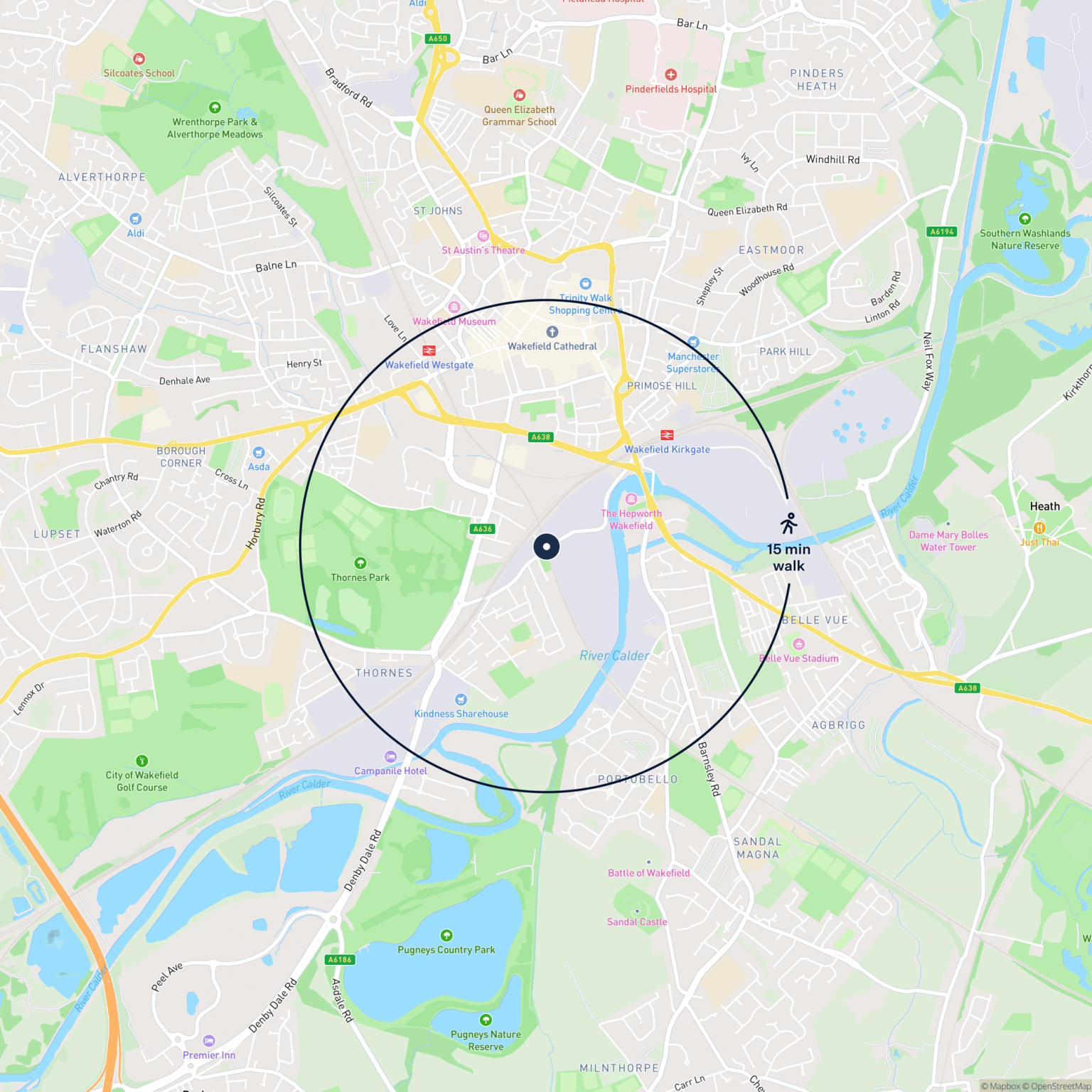 Map showing the location of A Avondale Way, Wakefield, WF2 7QU and the surrounding 15 minute walk area.