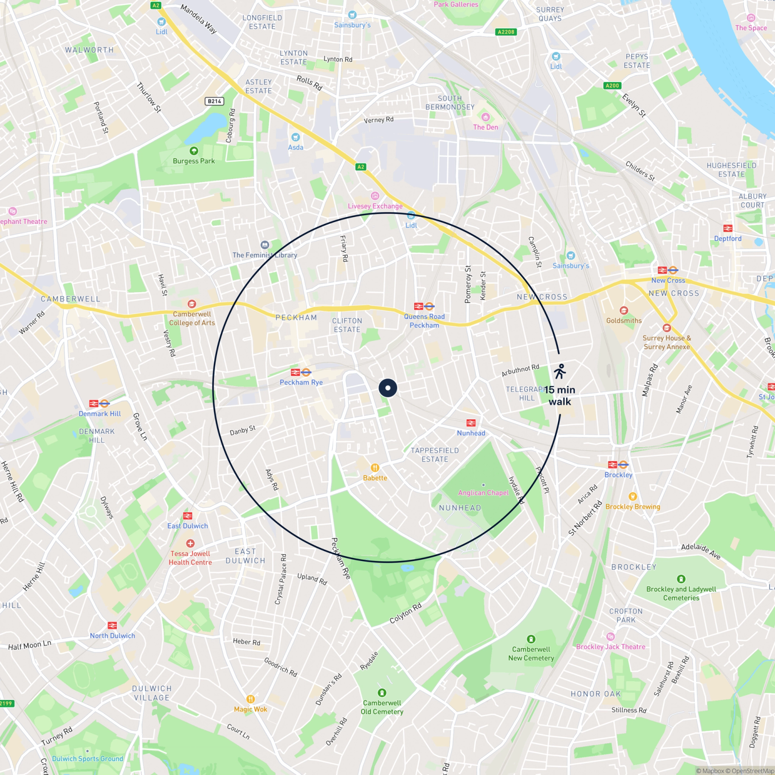 Map showing the location of 854 Brayards Road , Peckham , SE15 2AG and the surrounding 15 minute walk area.