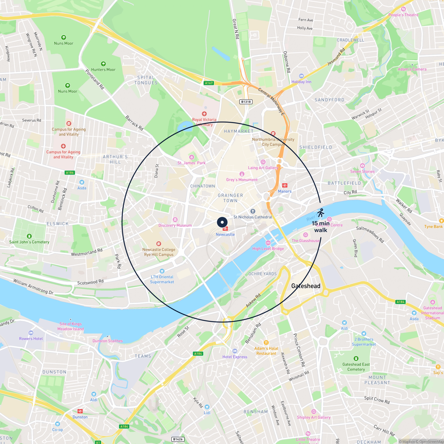 Map showing the location of Office, 1 Neville Street, Newcastle Upon Tyne, NE1 5DP and the surrounding 15 minute walk area.