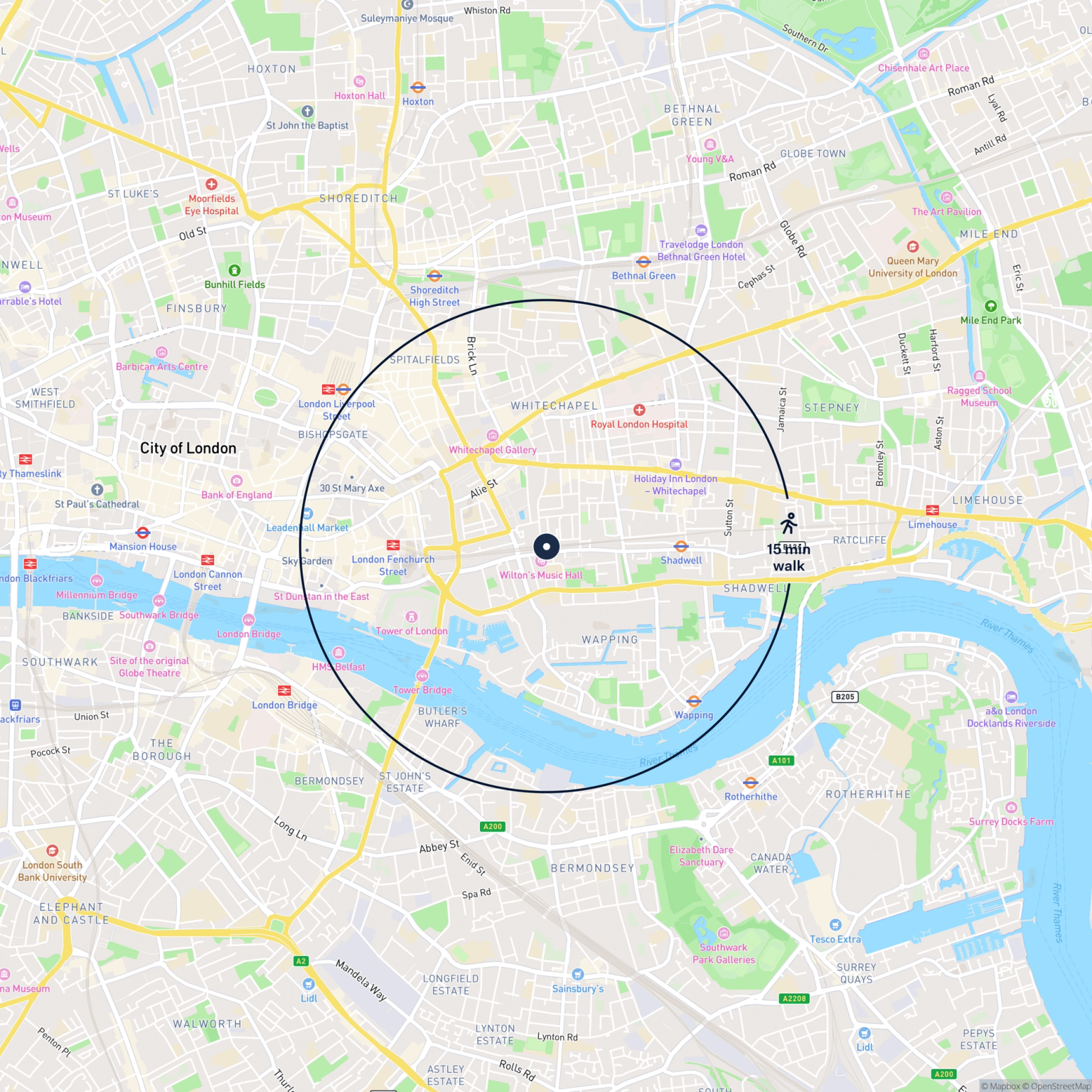 Map showing the location of 99 Cable Street, London, E1 1QH and the surrounding 15 minute walk area.