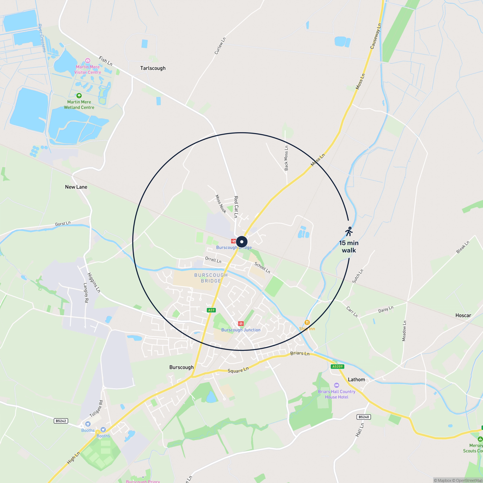 Map showing the location of 7-10 Liverpool Road, Burscough, Ormskirk, L40 0RA and the surrounding 15 minute walk area.